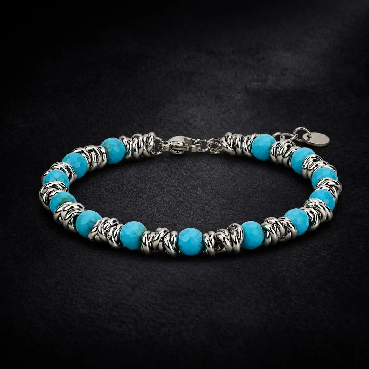 SAGA GIOIELLI Bracciale Unisex - Uomo - Donna Pietre Naturali Sfaccettate Onice Nero Aulite Bianco Nodini Acciaio Inox - Confezionre Regalo (PASTA TURCHESE) - immagine 4