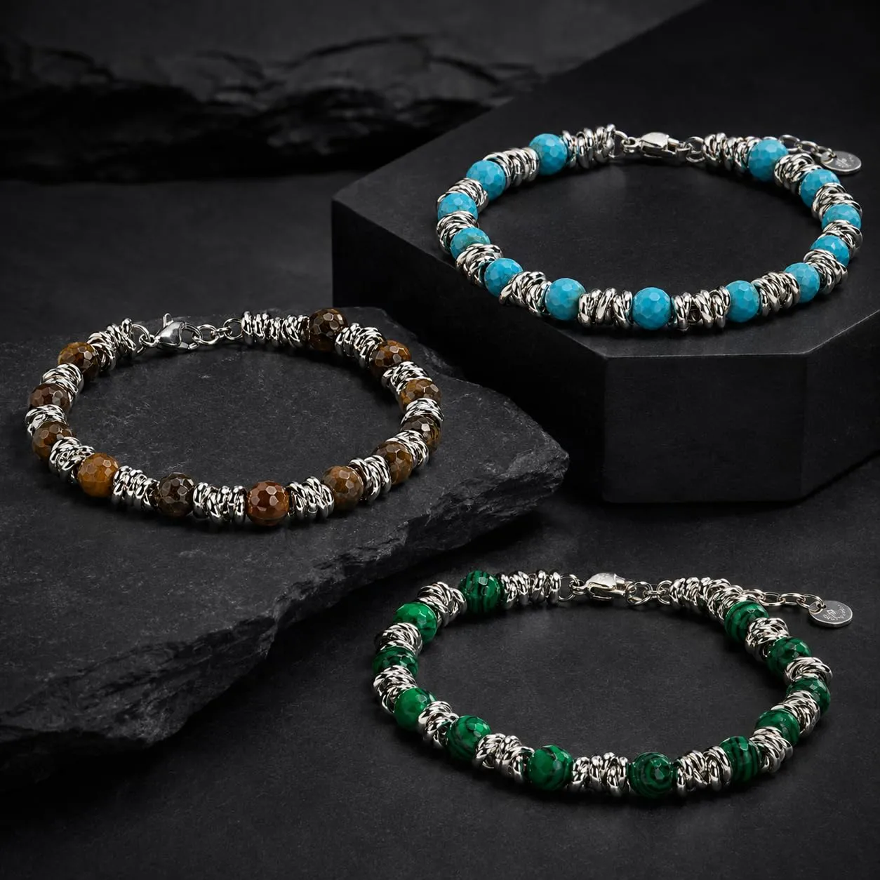 SAGA GIOIELLI Bracciale Unisex - Uomo - Donna Pietre Naturali Sfaccettate Onice Nero Aulite Bianco Nodini Acciaio Inox - Confezionre Regalo (PASTA TURCHESE) - immagine 5