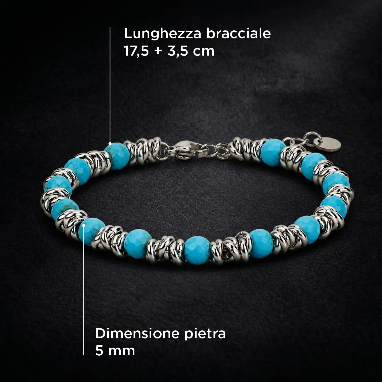 SAGA GIOIELLI Bracciale Unisex - Uomo - Donna Pietre Naturali Sfaccettate Onice Nero Aulite Bianco Nodini Acciaio Inox - Confezionre Regalo (PASTA TURCHESE) - immagine 6