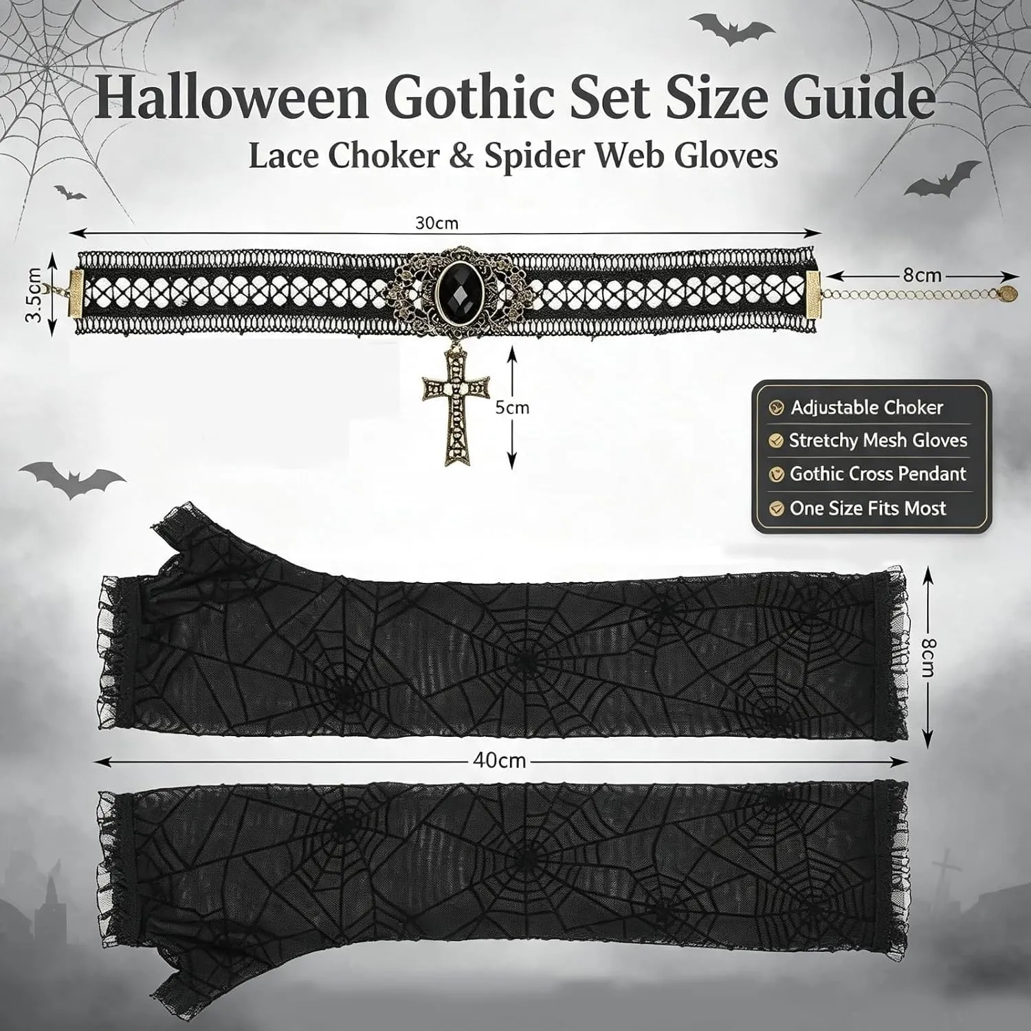 JOVYTH Set 2 Accessori Gotici Donna Halloween, Collare Choker Gotico con Croce e Guanti in Pizzo Nero Ragnatela, Gioielli Vampiro Strega Cosplay Carnevale - immagine 2