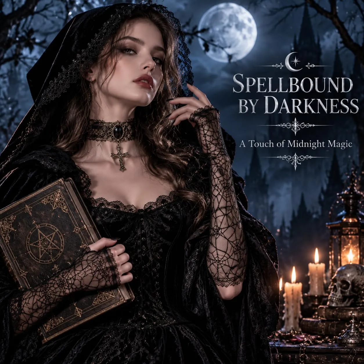JOVYTH Set 2 Accessori Gotici Donna Halloween, Collare Choker Gotico con Croce e Guanti in Pizzo Nero Ragnatela, Gioielli Vampiro Strega Cosplay Carnevale - immagine 4