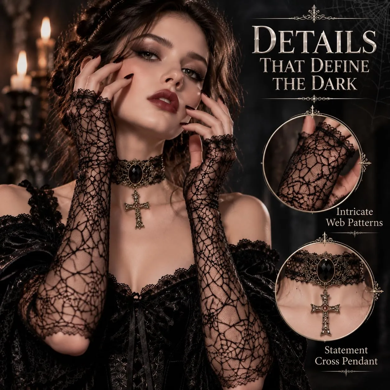 JOVYTH Set 2 Accessori Gotici Donna Halloween, Collare Choker Gotico con Croce e Guanti in Pizzo Nero Ragnatela, Gioielli Vampiro Strega Cosplay Carnevale - immagine 5