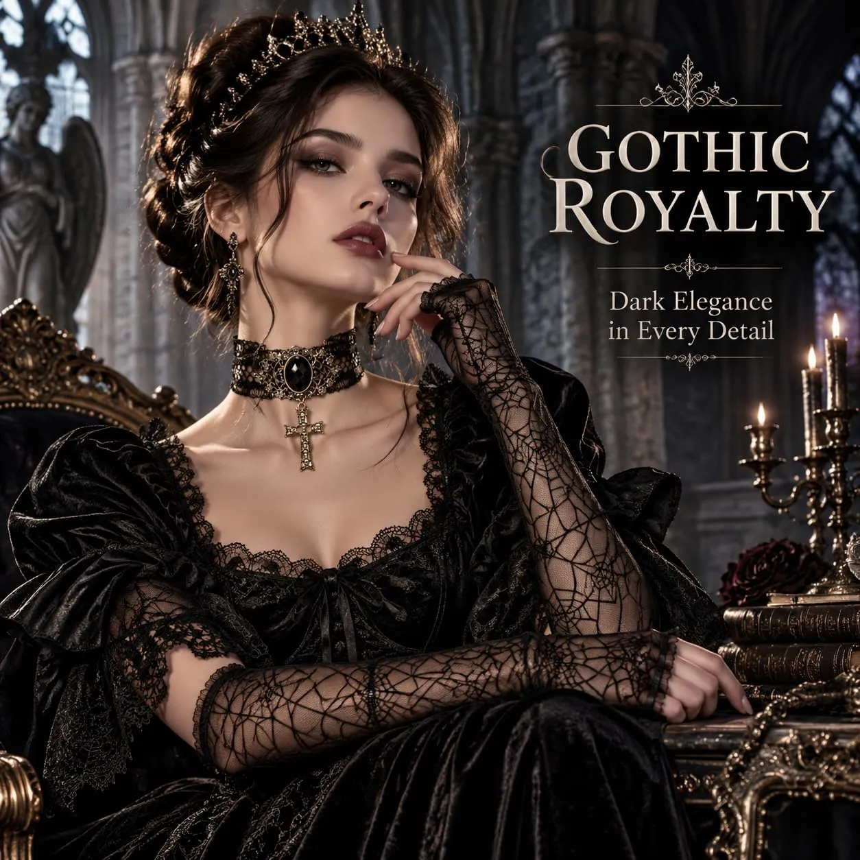 JOVYTH Set 2 Accessori Gotici Donna Halloween, Collare Choker Gotico con Croce e Guanti in Pizzo Nero Ragnatela, Gioielli Vampiro Strega Cosplay Carnevale - immagine 6