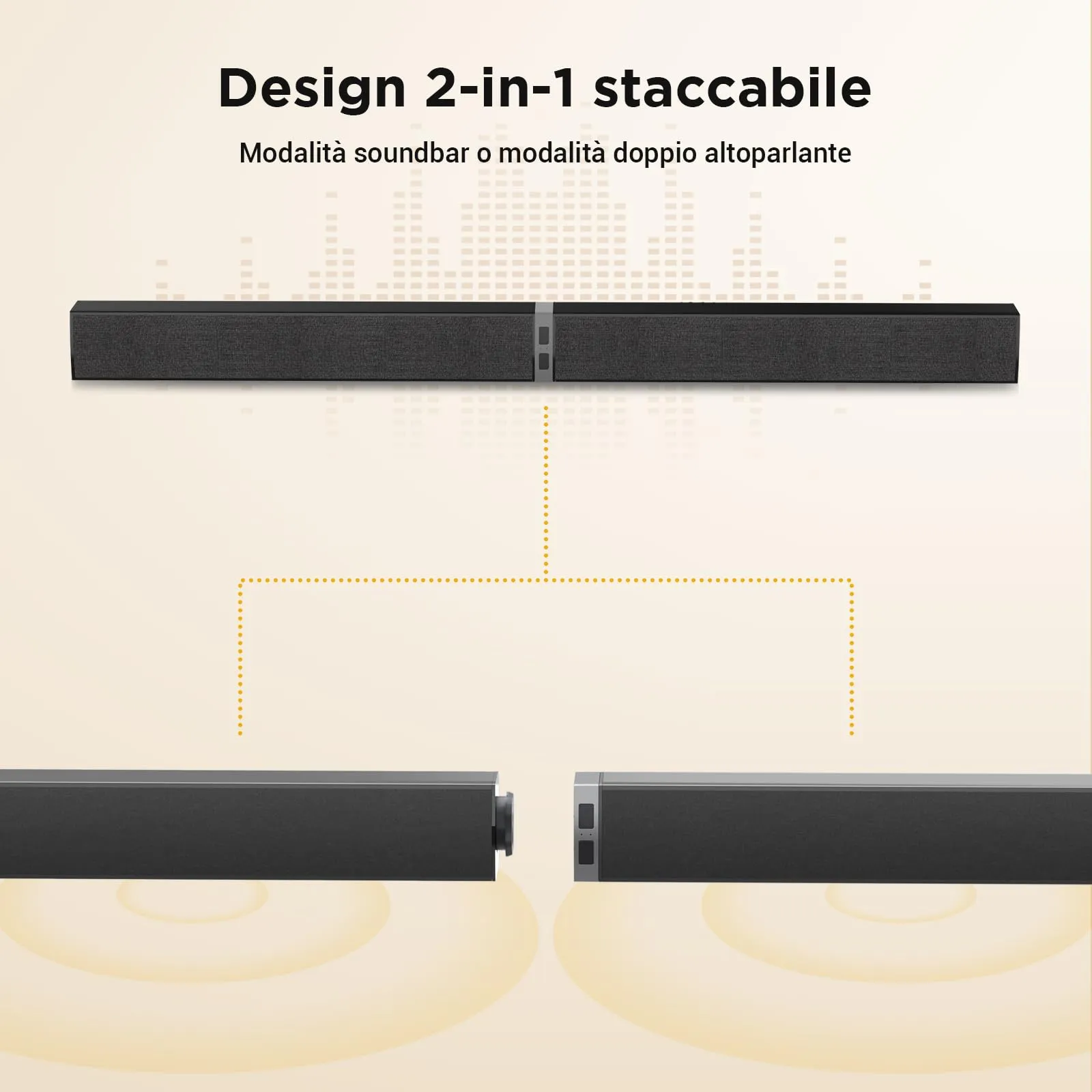HoYLluDLL 120 W Soundbar per TV con subwoofer, 2-in-1 Split, 2026 Nuovo 2.1CH Audio Surround, 3 EQ Modalità, & Deep Bass & Voice MX, 5,9″ Wired Subwoofer, Bluetooth 5.3/ARC/Ottico/AUX, Nero - immagine 2