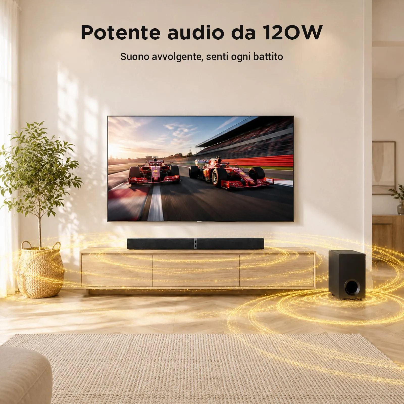 HoYLluDLL 120 W Soundbar per TV con subwoofer, 2-in-1 Split, 2026 Nuovo 2.1CH Audio Surround, 3 EQ Modalità, & Deep Bass & Voice MX, 5,9″ Wired Subwoofer, Bluetooth 5.3/ARC/Ottico/AUX, Nero - immagine 3