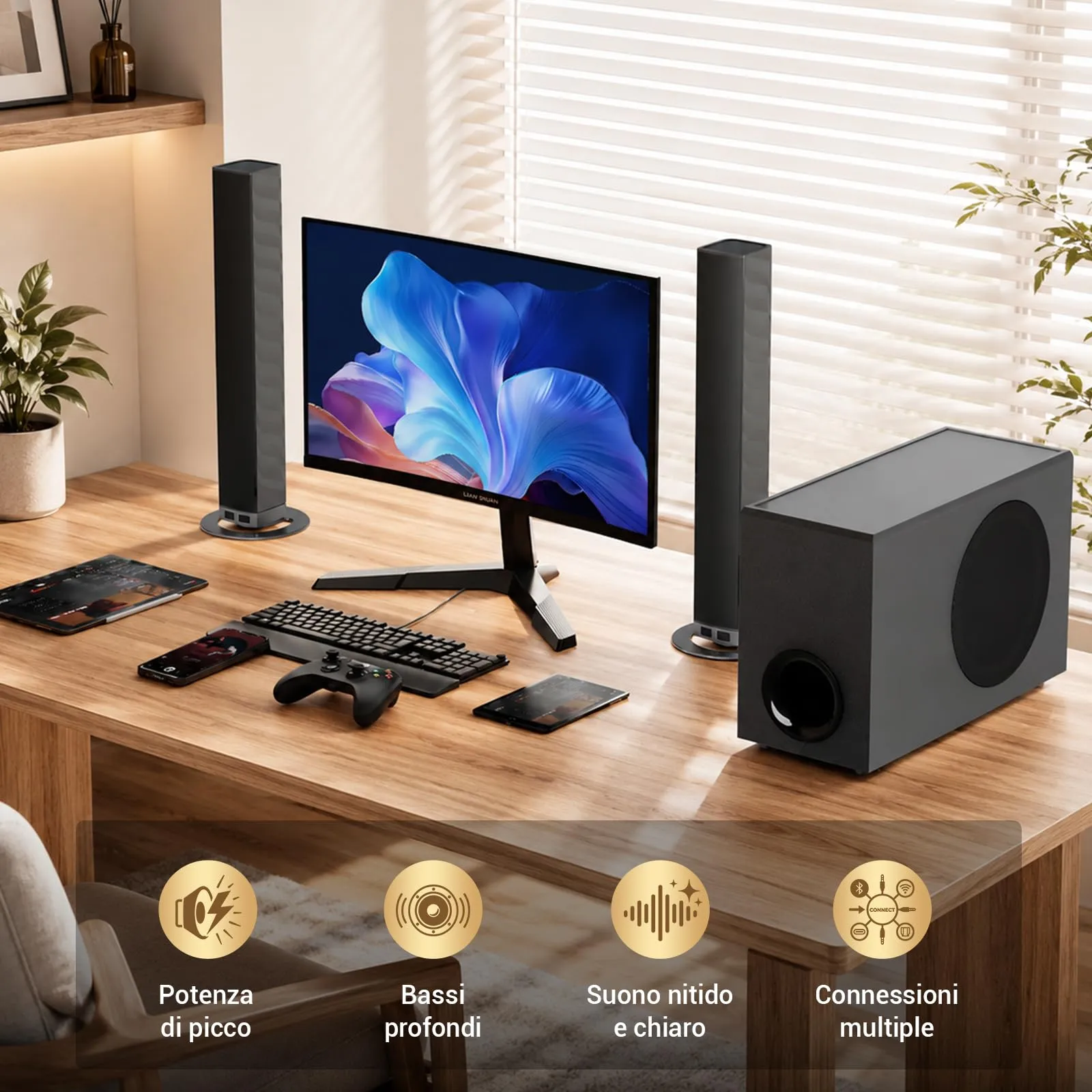 HoYLluDLL 120 W Soundbar per TV con subwoofer, 2-in-1 Split, 2026 Nuovo 2.1CH Audio Surround, 3 EQ Modalità, & Deep Bass & Voice MX, 5,9″ Wired Subwoofer, Bluetooth 5.3/ARC/Ottico/AUX, Nero - immagine 5