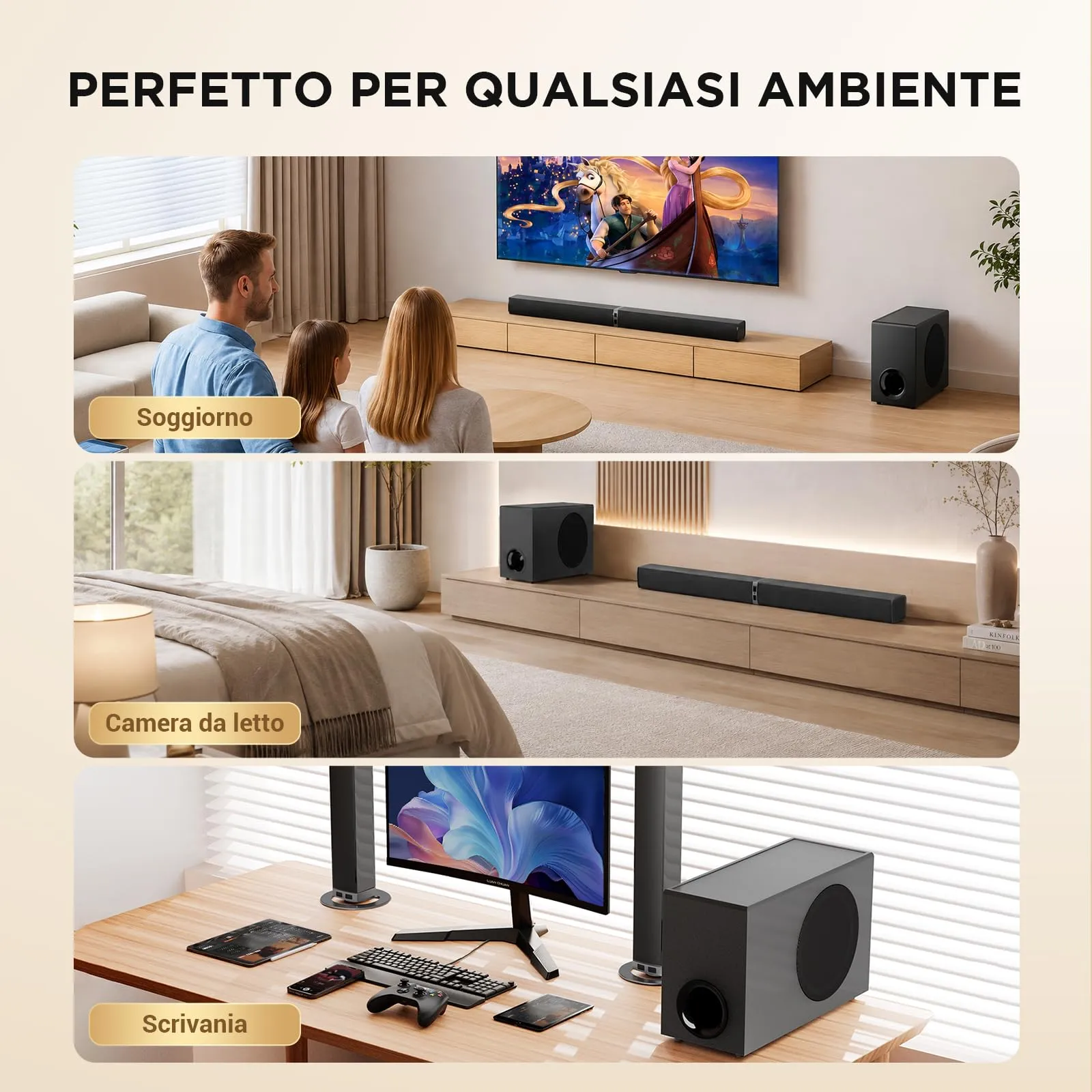 HoYLluDLL 120 W Soundbar per TV con subwoofer, 2-in-1 Split, 2026 Nuovo 2.1CH Audio Surround, 3 EQ Modalità, & Deep Bass & Voice MX, 5,9″ Wired Subwoofer, Bluetooth 5.3/ARC/Ottico/AUX, Nero - immagine 6
