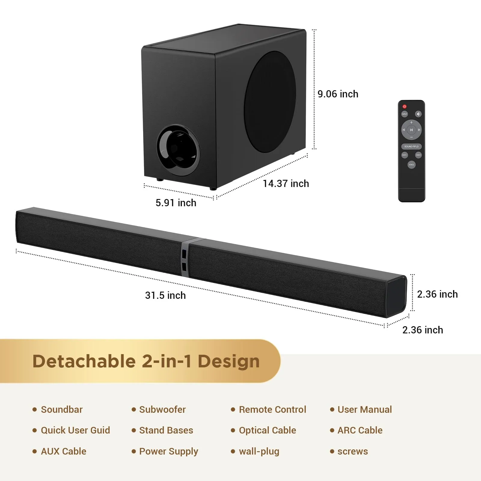 HoYLluDLL 120 W Soundbar per TV con subwoofer, 2-in-1 Split, 2026 Nuovo 2.1CH Audio Surround, 3 EQ Modalità, & Deep Bass & Voice MX, 5,9″ Wired Subwoofer, Bluetooth 5.3/ARC/Ottico/AUX, Nero - immagine 9