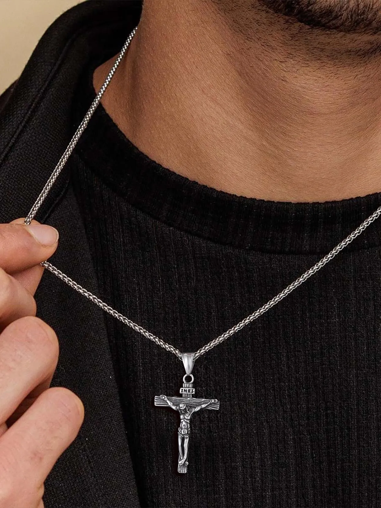 U7 Collana Uomo Crocifisso Acciaio Inossidabile INRI, Catena Spiga 61 cm - immagine 2