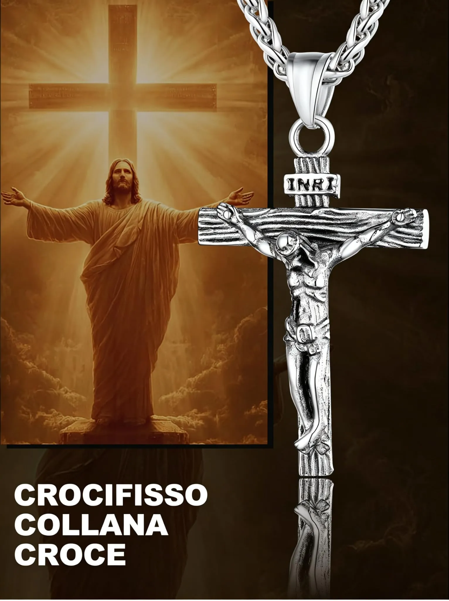 U7 Collana Uomo Crocifisso Acciaio Inossidabile INRI, Catena Spiga 61 cm - immagine 4