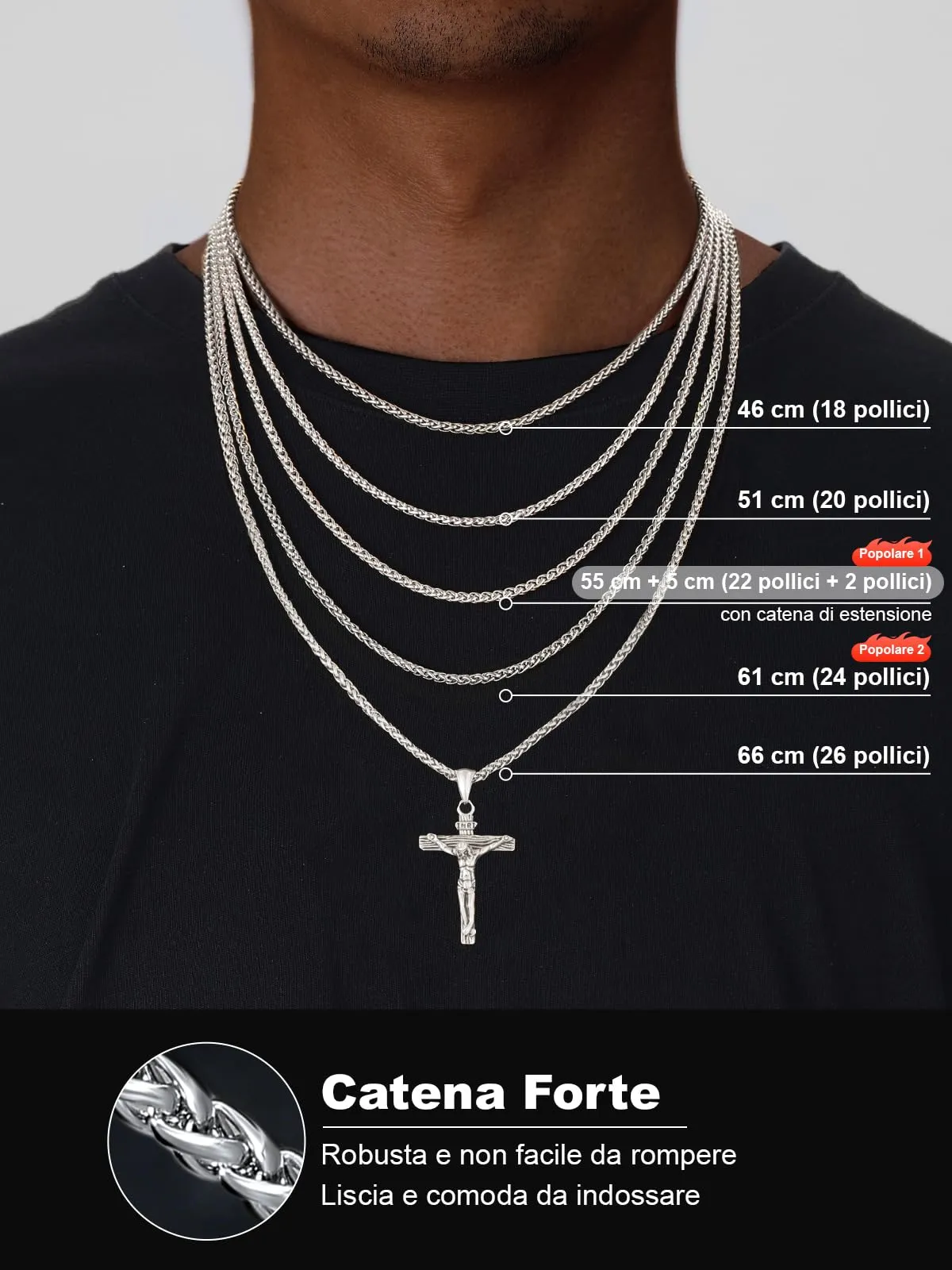 U7 Collana Uomo Crocifisso Acciaio Inossidabile INRI, Catena Spiga 61 cm - immagine 6