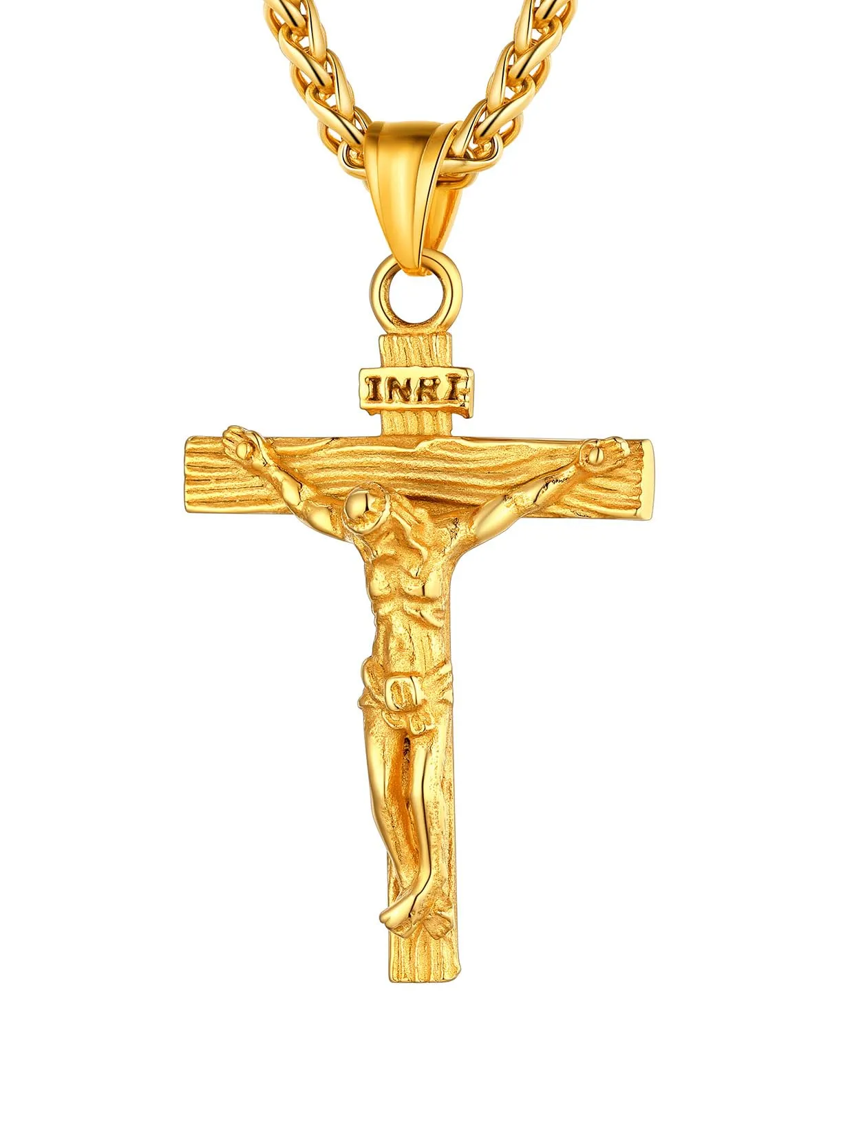 U7 Collana Uomo Crocifisso Acciaio Inossidabile Oro, Catena Spiga 46 cm - immagine 1
