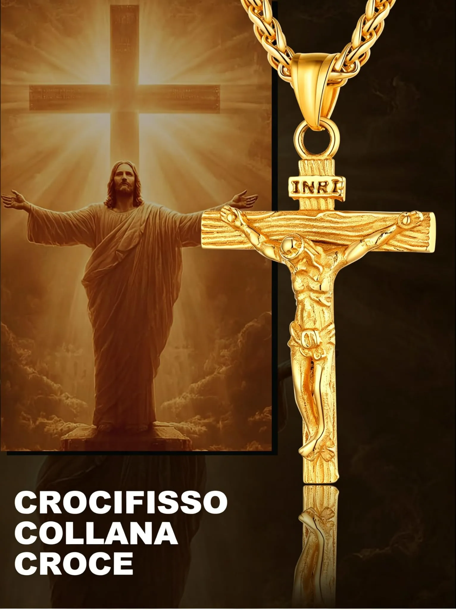 U7 Collana Uomo Crocifisso Acciaio Inossidabile Oro, Catena Spiga 66 cm - immagine 3