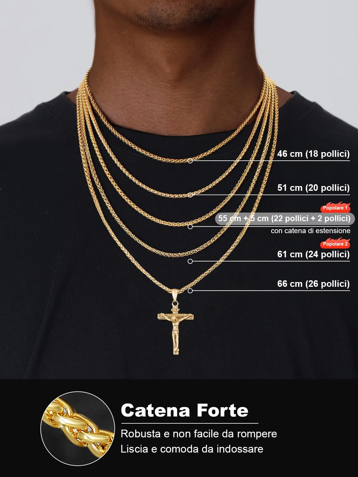 U7 Collana Uomo Crocifisso Acciaio Inossidabile Oro, Catena Spiga 66 cm - immagine 6