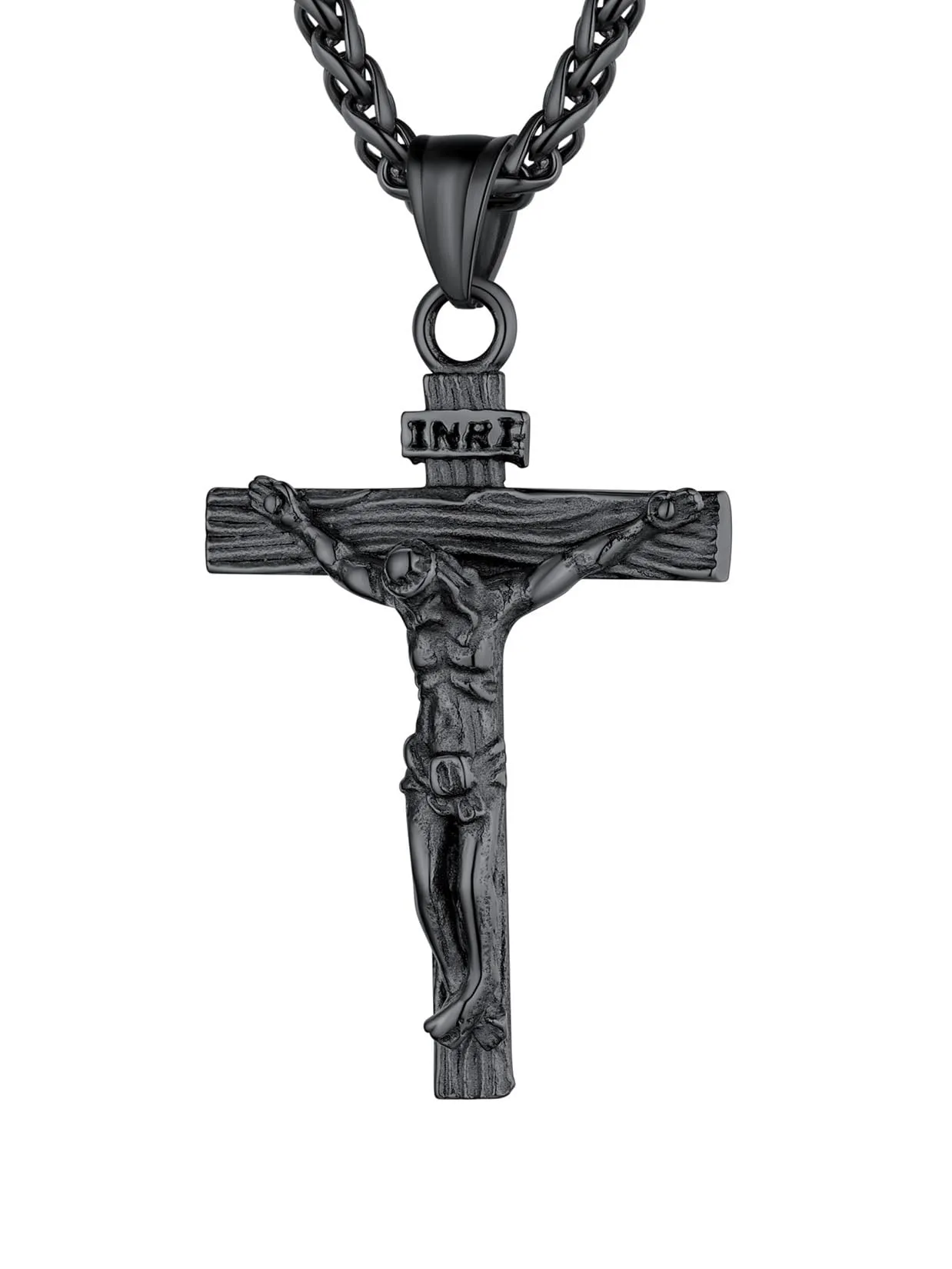 U7 Collana Uomo Crocifisso Acciaio Inossidabile Nero, Catena Spiga 66 cm - immagine 1