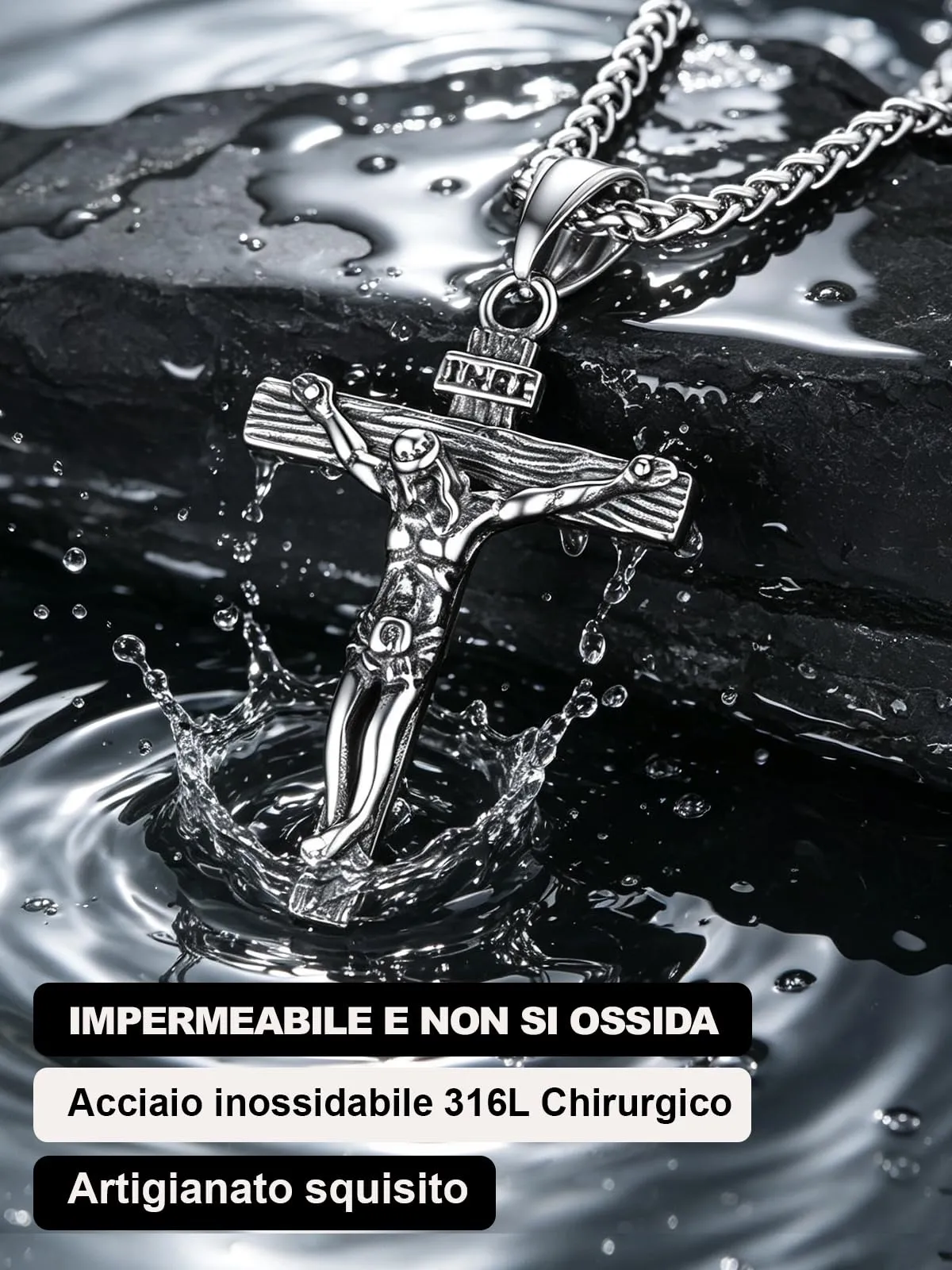 U7 Collana Uomo Crocifisso Acciaio Inossidabile INRI, Catena Spiga 46 cm - immagine 4