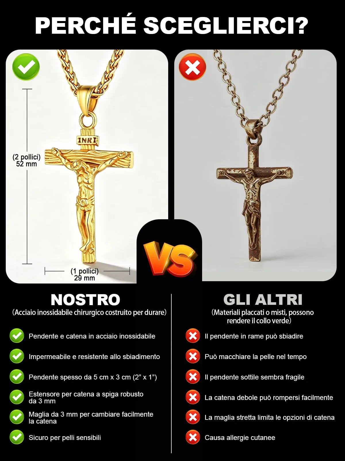 U7 Collana Uomo Crocifisso Acciaio Inossidabile INRI, Catena Spiga 46 cm - immagine 7