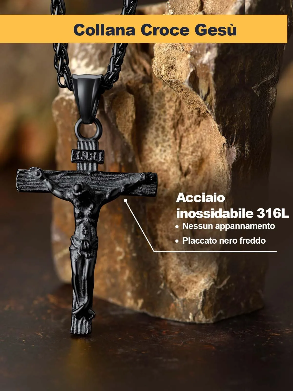 U7 Collana Uomo Crocifisso Acciaio Inossidabile Nero, Catena Spiga 46 cm - immagine 4