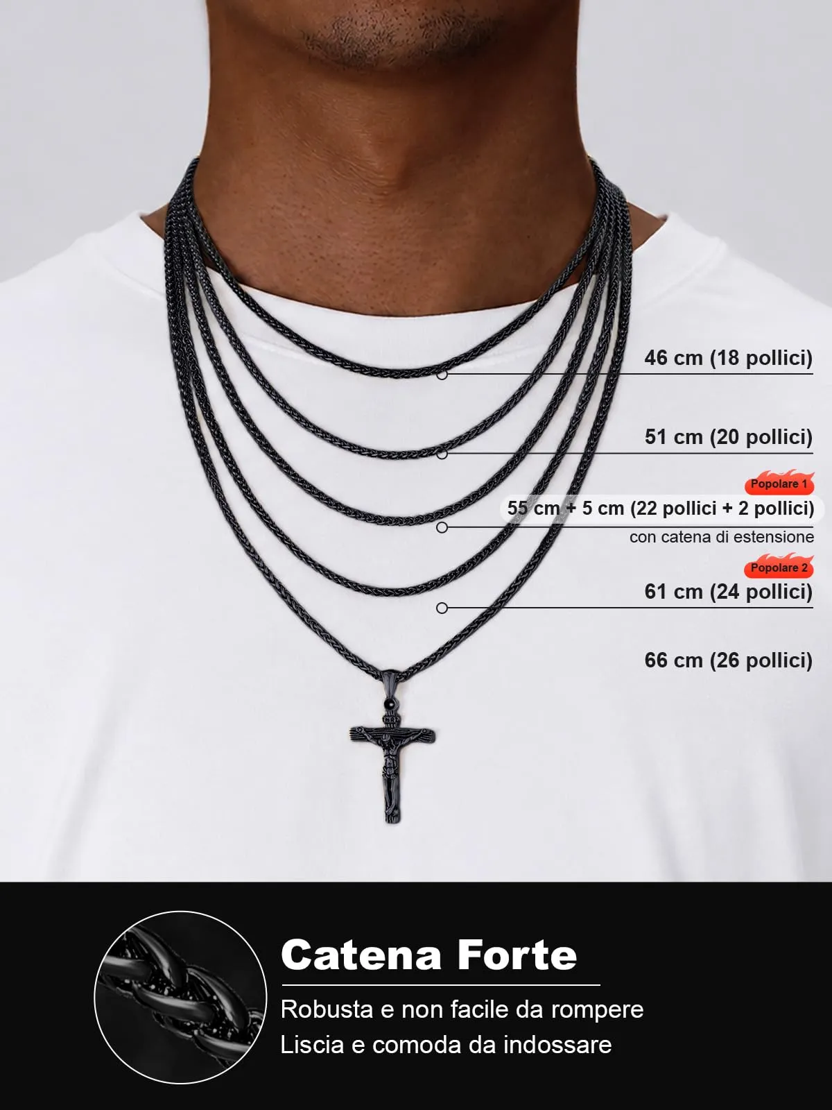 U7 Collana Uomo Crocifisso Acciaio Inossidabile Nero, Catena Spiga 46 cm - immagine 6