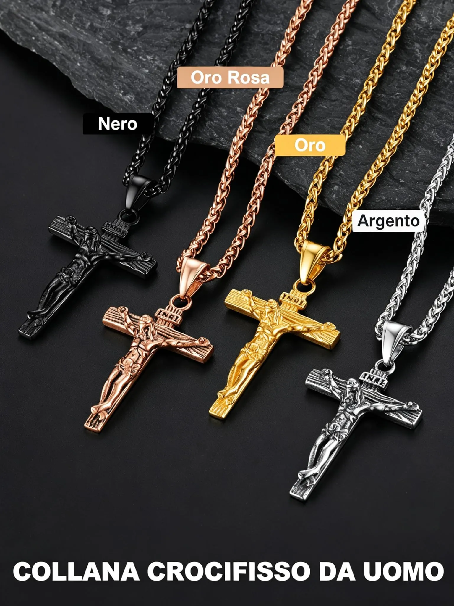 U7 Collana Uomo Crocifisso Acciaio Inossidabile Nero, Catena Spiga 46 cm - immagine 7