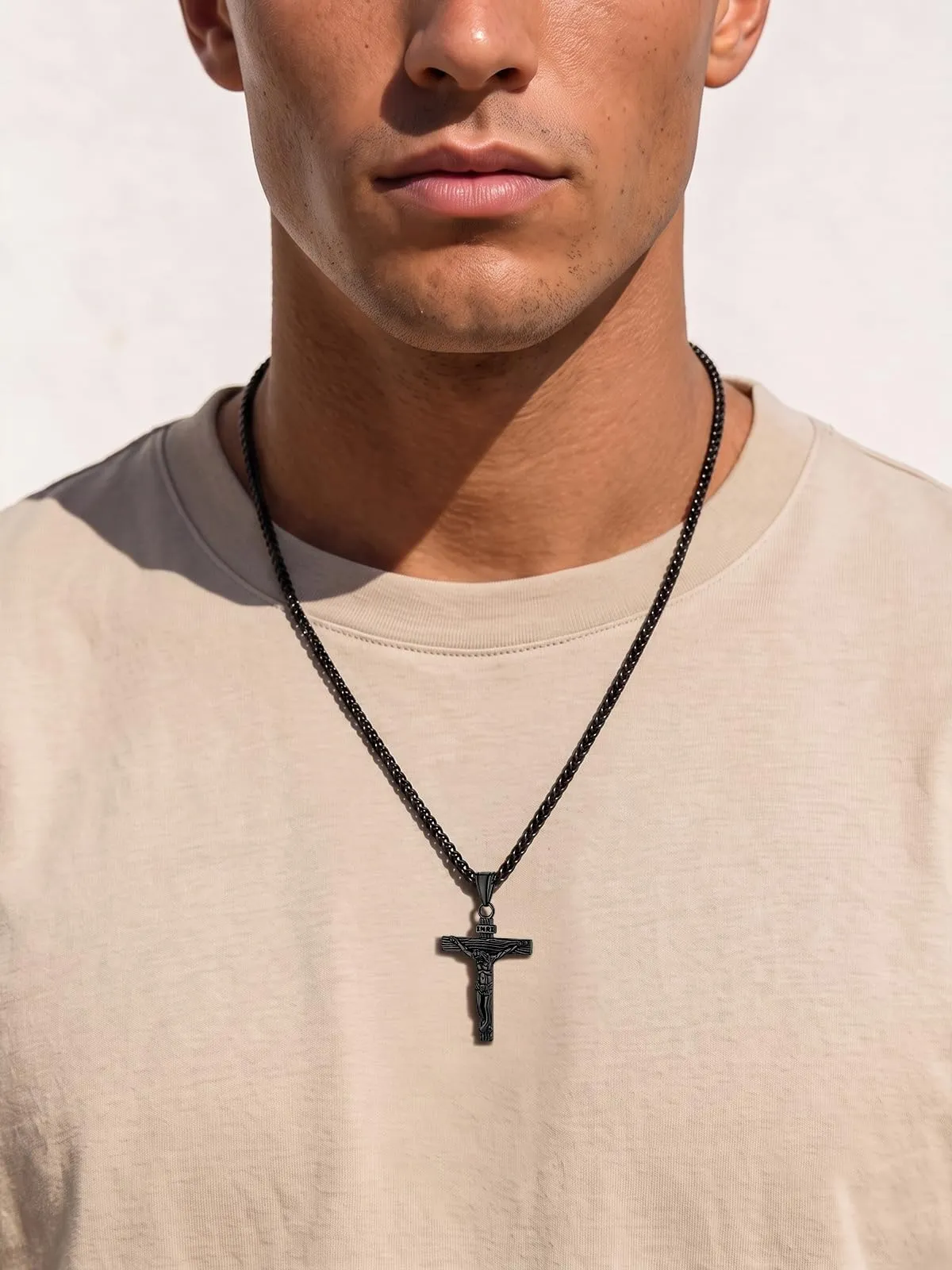 U7 Collana Uomo Crocifisso Acciaio Inossidabile Nero, Catena Spiga 51 cm - immagine 2