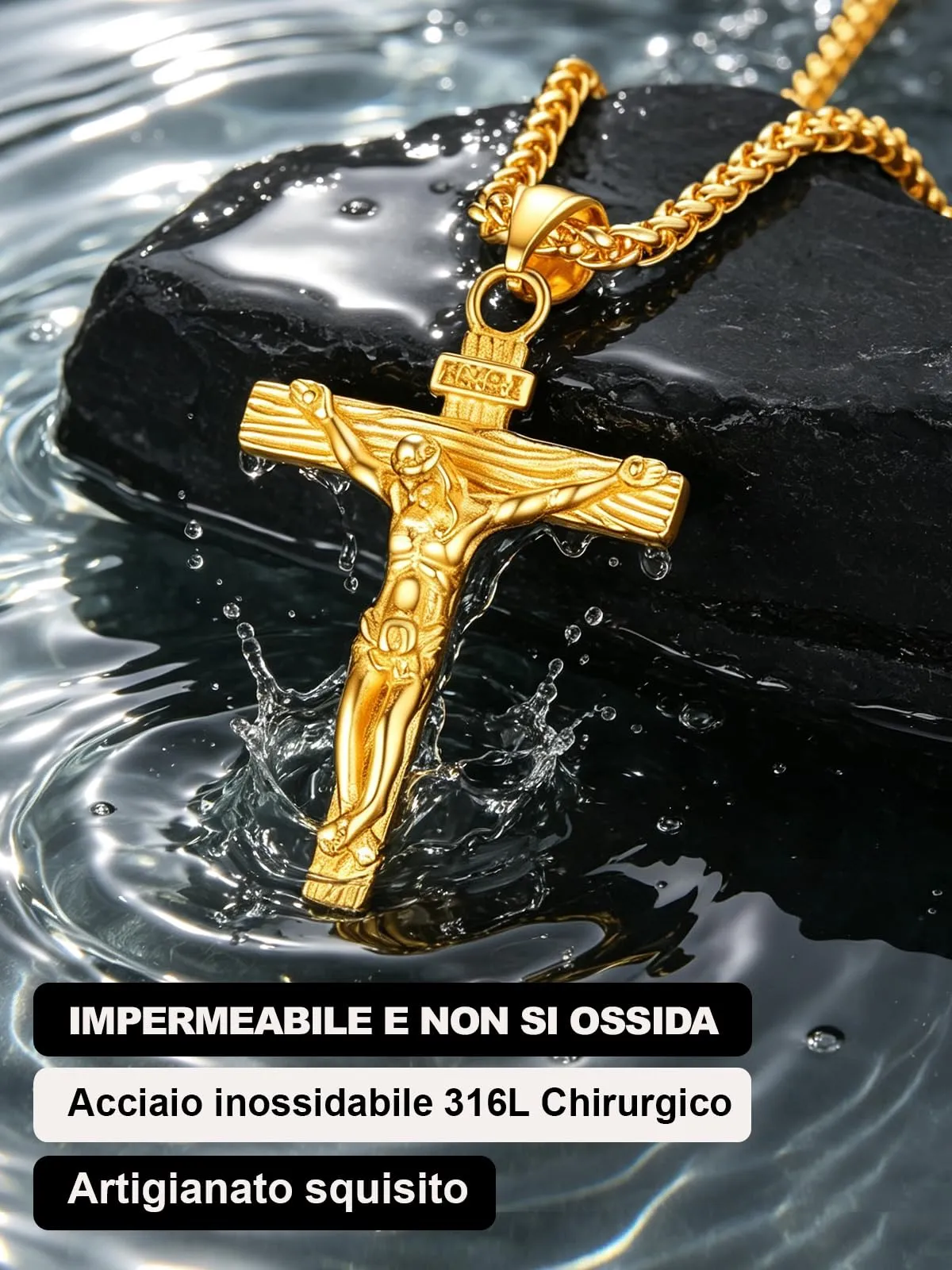 U7 Collana Uomo Crocifisso Acciaio Inossidabile Oro, Catena Spiga 61 cm - immagine 5