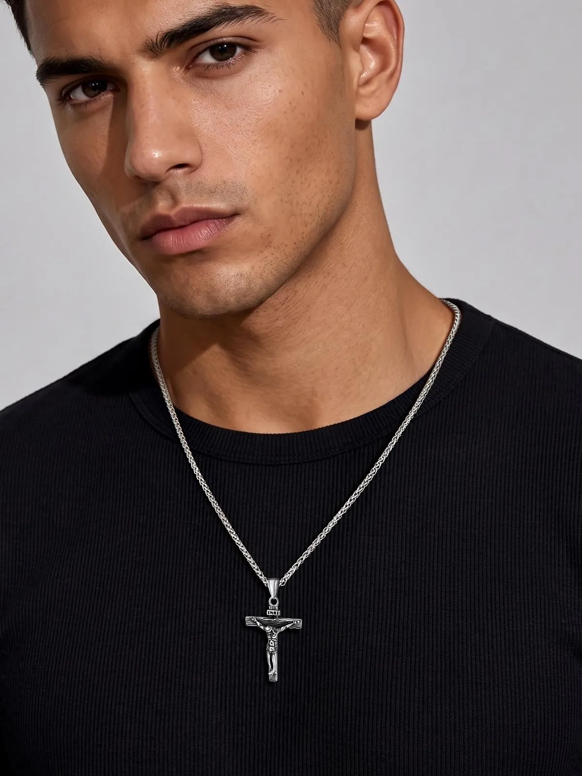 U7 Collana Uomo Crocifisso Acciaio Inossidabile INRI, Catena Spiga 51 cm - immagine 3