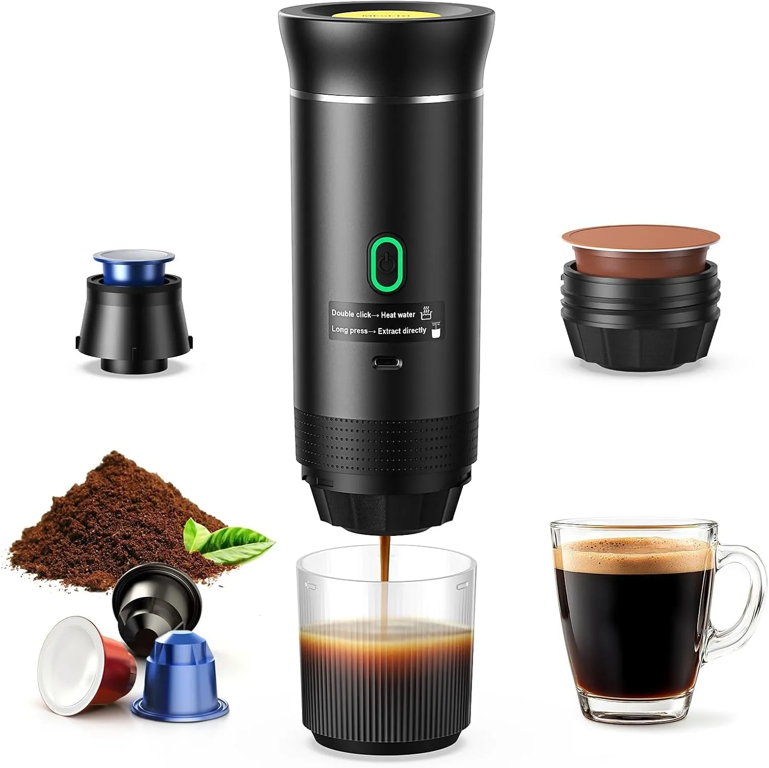 Macchina da Caffè Espresso Elettrica Portatile, Macchina Caffe Portatile 3 In 1 Macchina Caffe, 5 Minuti Auto-Riscaldamento, con USB-C, Compatibile con Piccole Capsule, Grandi Capsule, Caffe Macinato - immagine 1