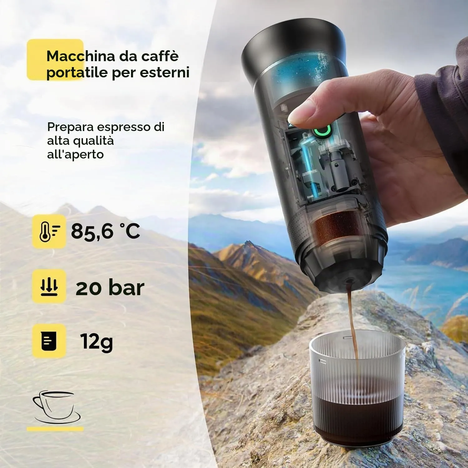 Macchina da Caffè Espresso Elettrica Portatile, Macchina Caffe Portatile 3 In 1 Macchina Caffe, 5 Minuti Auto-Riscaldamento, con USB-C, Compatibile con Piccole Capsule, Grandi Capsule, Caffe Macinato - immagine 3