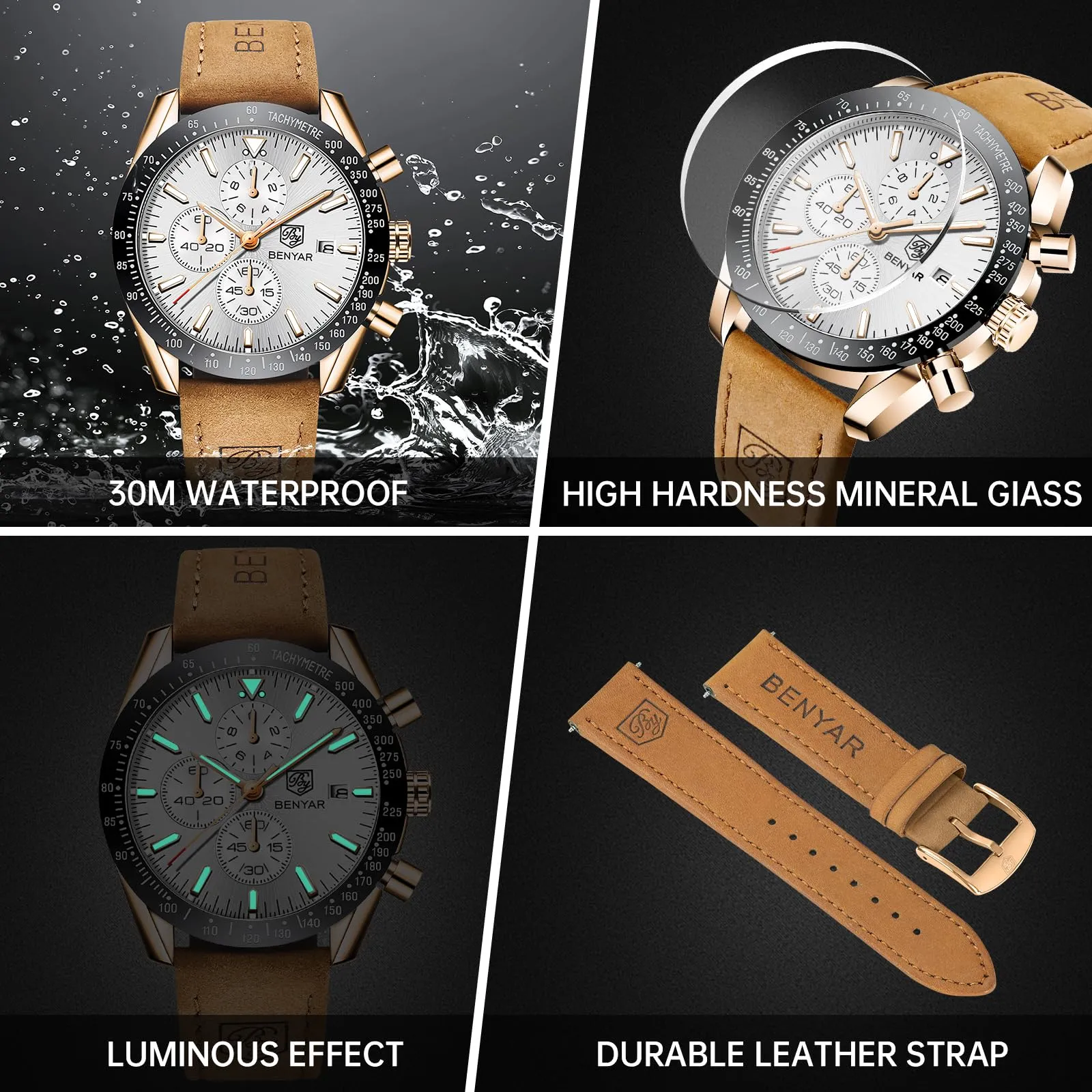 BENYAR BY Orologio Uomo Cronografo Analogico al Quarzo Impermeabile Luminoso Orologio da Polso Sportivo Orologi Regali per Uomo - immagine 4