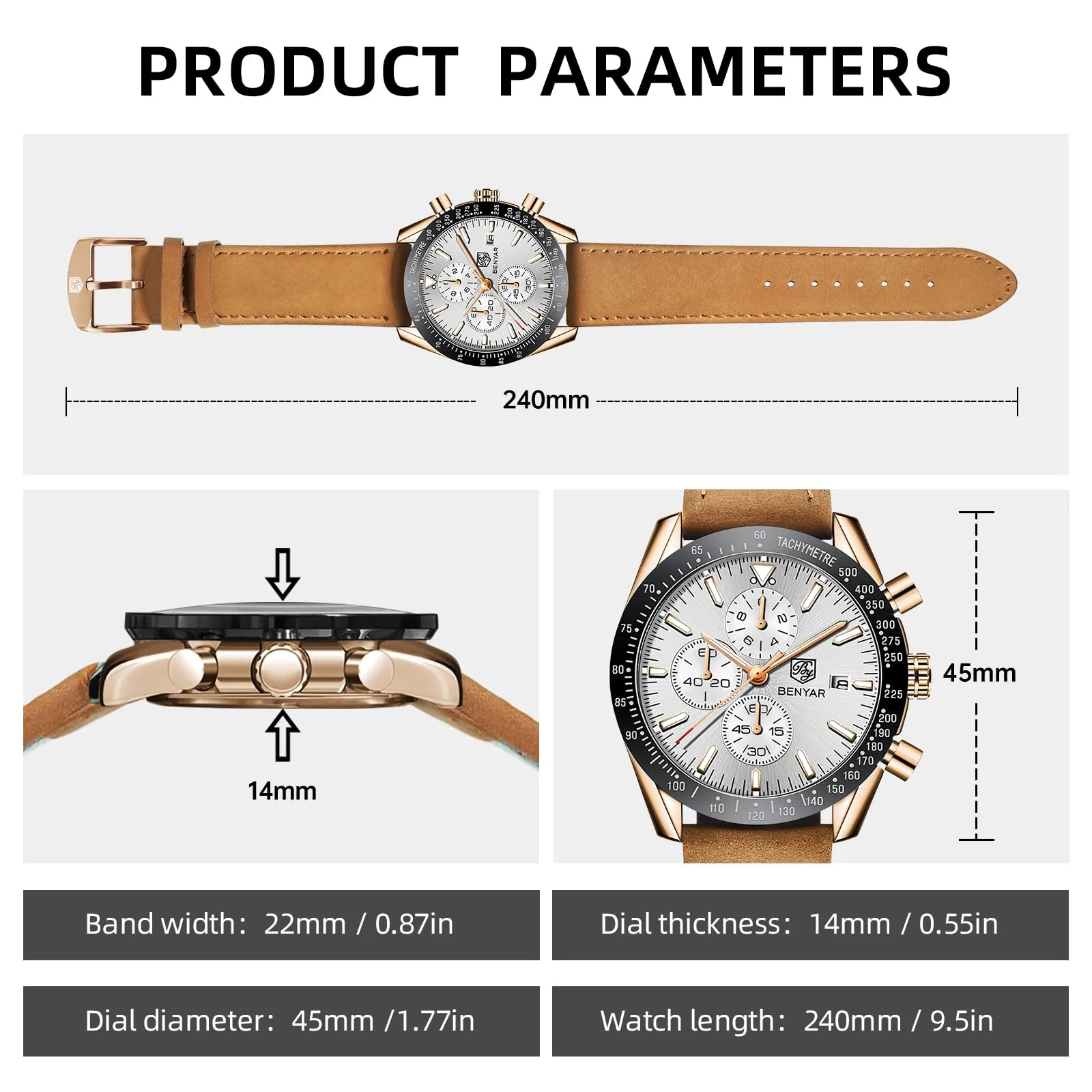 BENYAR BY Orologio Uomo Cronografo Analogico al Quarzo Impermeabile Luminoso Orologio da Polso Sportivo Orologi Regali per Uomo - immagine 5