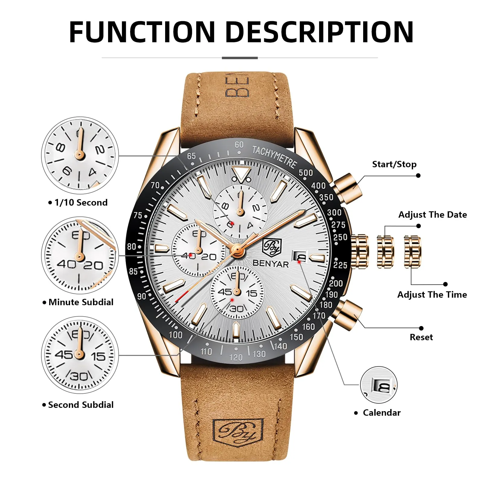 BENYAR BY Orologio Uomo Cronografo Analogico al Quarzo Impermeabile Luminoso Orologio da Polso Sportivo Orologi Regali per Uomo - immagine 6