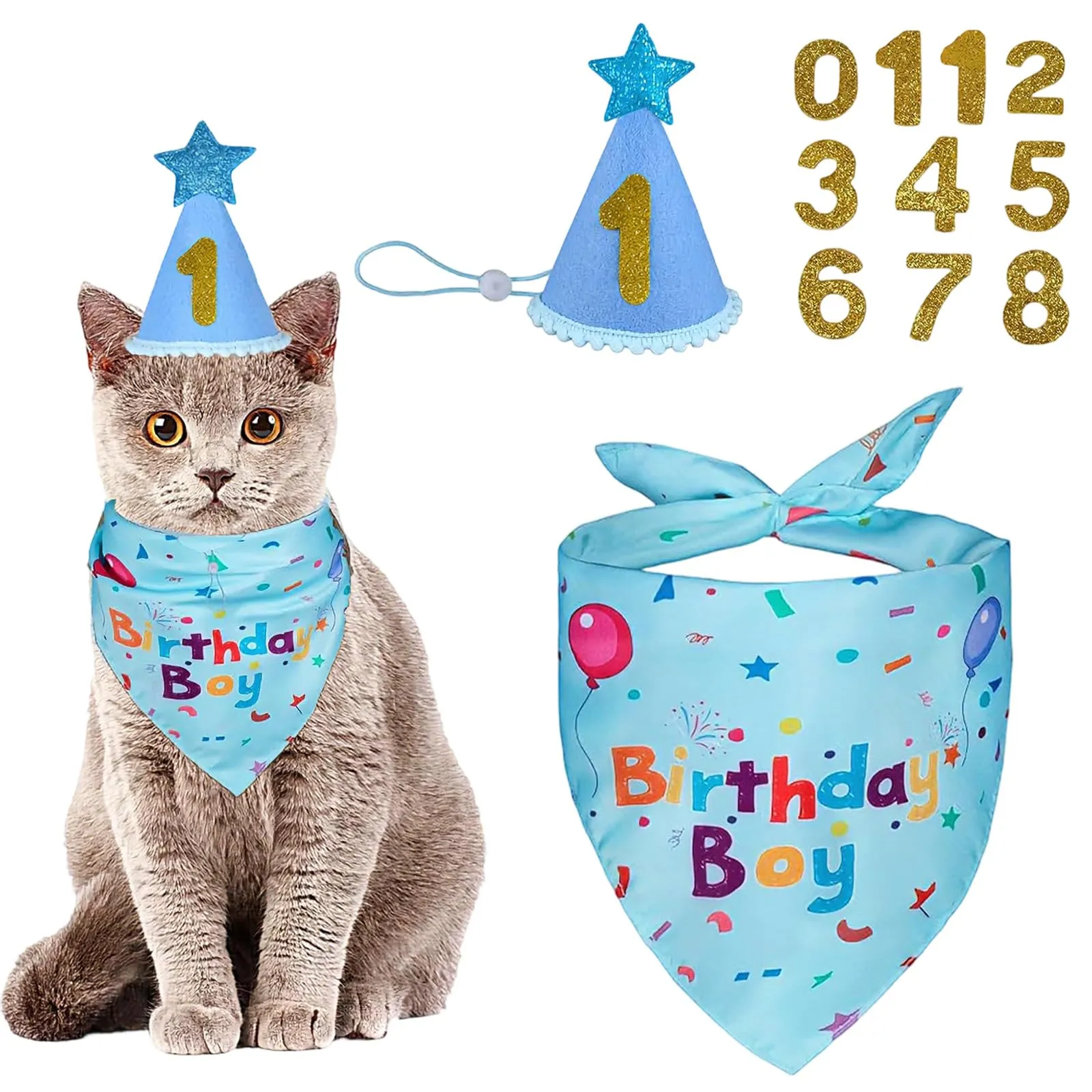 Set Compleanno Cane e Gatto: Bandana Blu e Cappello con Numeri Adesivi - Accessori Festa per Cani Piccoli e Medi - Decorazioni Riutilizzabili e Regolabili per Compleanno Animali Domestici,M - immagine 1
