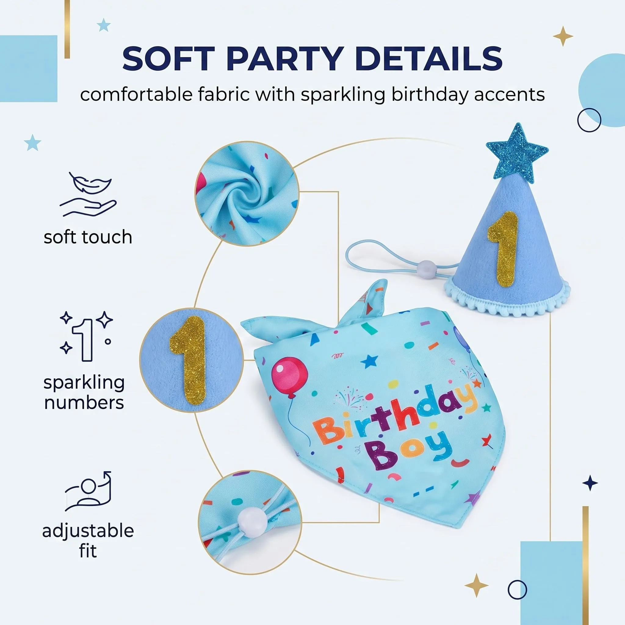 Set Compleanno Cane e Gatto: Bandana Blu e Cappello con Numeri Adesivi - Accessori Festa per Cani Piccoli e Medi - Decorazioni Riutilizzabili e Regolabili per Compleanno Animali Domestici,M - immagine 2