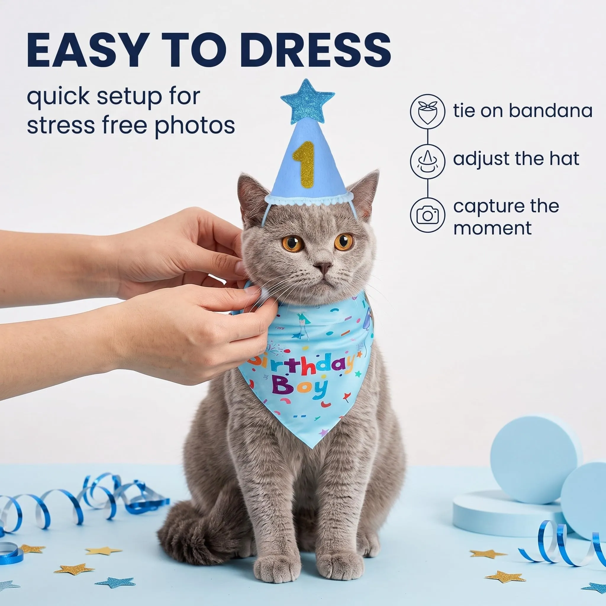 Set Compleanno Cane e Gatto: Bandana Blu e Cappello con Numeri Adesivi - Accessori Festa per Cani Piccoli e Medi - Decorazioni Riutilizzabili e Regolabili per Compleanno Animali Domestici,M - immagine 3
