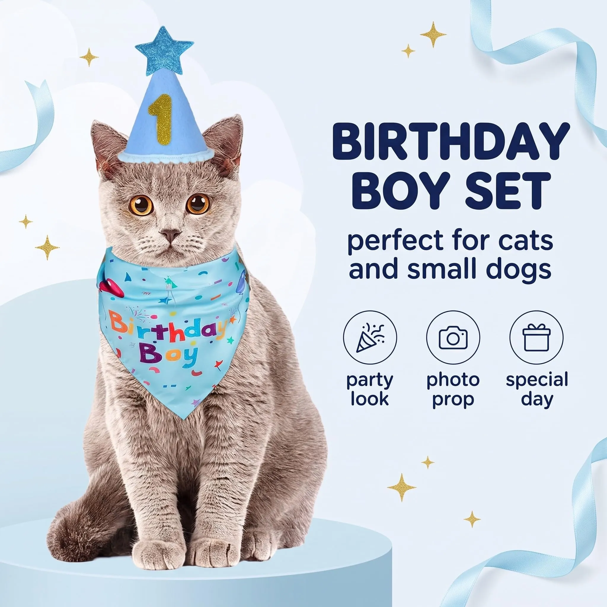 Set Compleanno Cane e Gatto: Bandana Blu e Cappello con Numeri Adesivi - Accessori Festa per Cani Piccoli e Medi - Decorazioni Riutilizzabili e Regolabili per Compleanno Animali Domestici,M - immagine 4