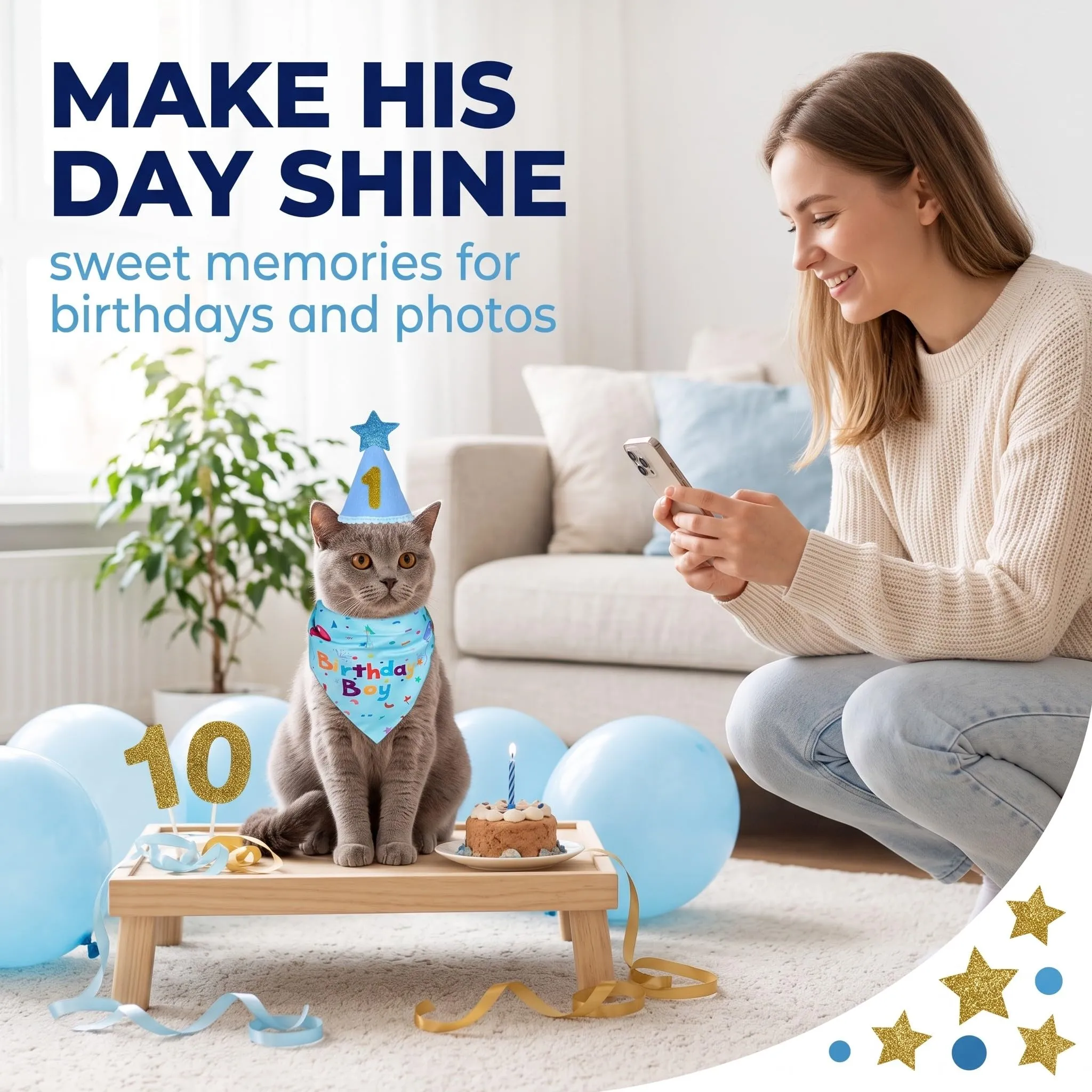 Set Compleanno Cane e Gatto: Bandana Blu e Cappello con Numeri Adesivi - Accessori Festa per Cani Piccoli e Medi - Decorazioni Riutilizzabili e Regolabili per Compleanno Animali Domestici,M - immagine 5