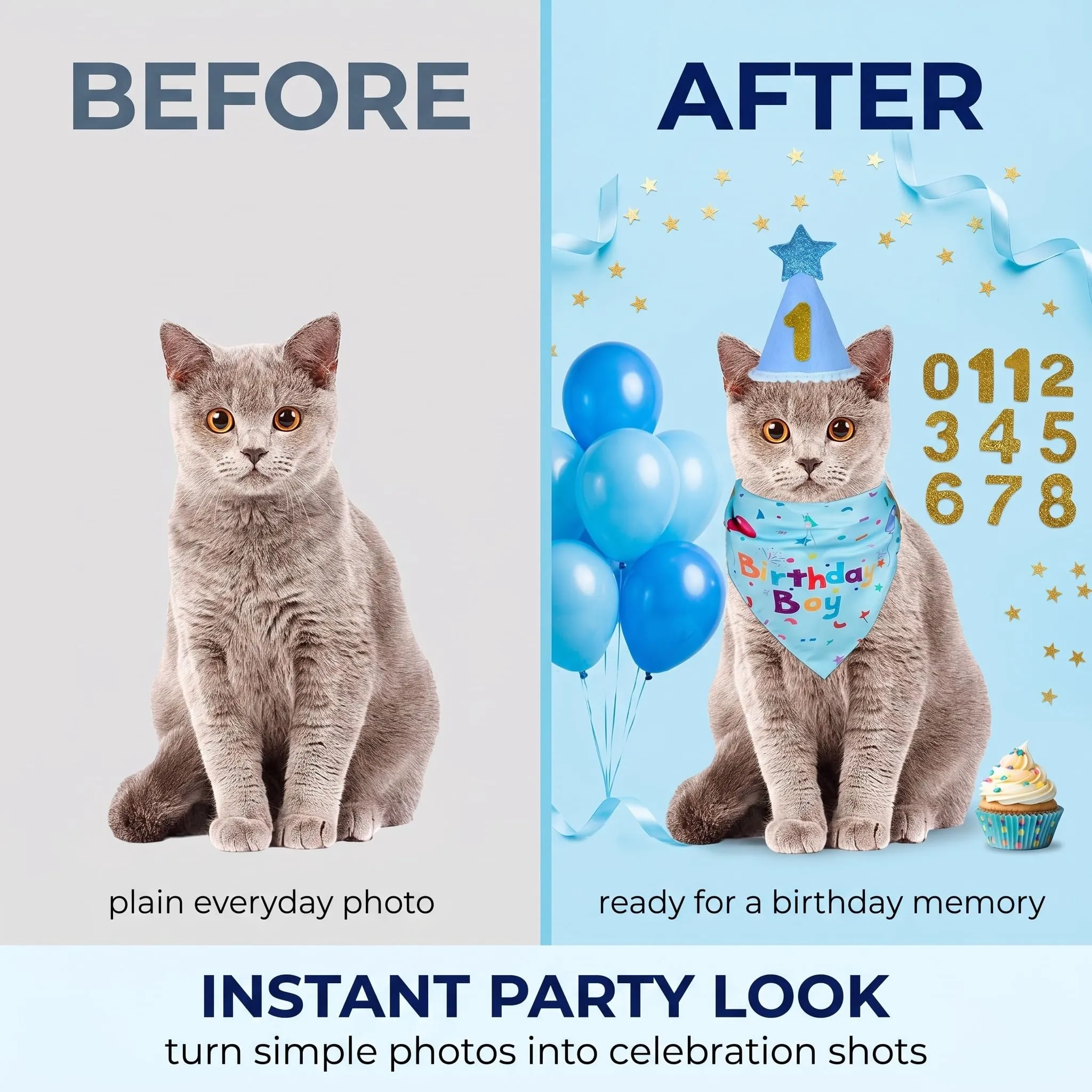 Set Compleanno Cane e Gatto: Bandana Blu e Cappello con Numeri Adesivi - Accessori Festa per Cani Piccoli e Medi - Decorazioni Riutilizzabili e Regolabili per Compleanno Animali Domestici,M - immagine 6