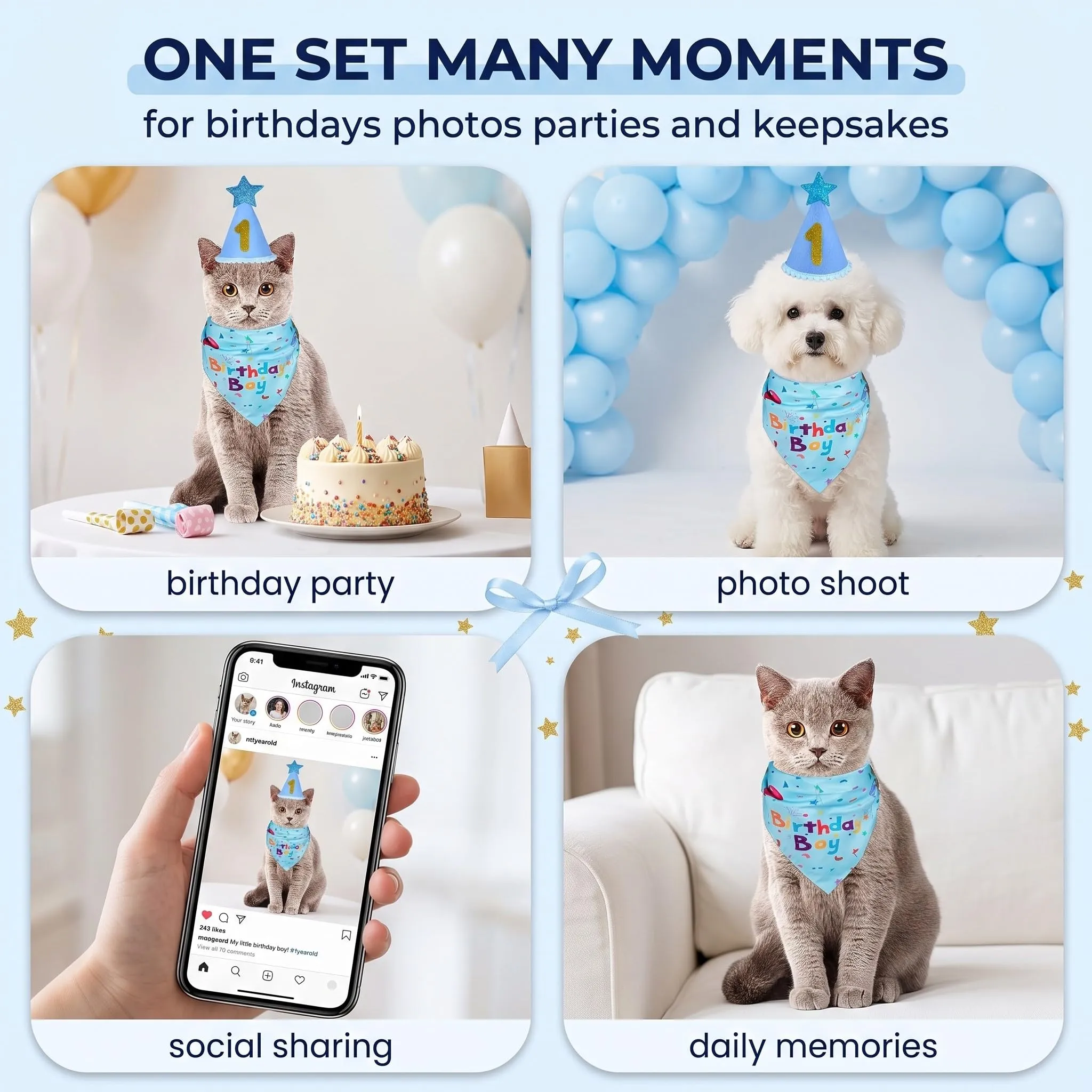 Set Compleanno Cane e Gatto: Bandana Blu e Cappello con Numeri Adesivi - Accessori Festa per Cani Piccoli e Medi - Decorazioni Riutilizzabili e Regolabili per Compleanno Animali Domestici,M - immagine 7