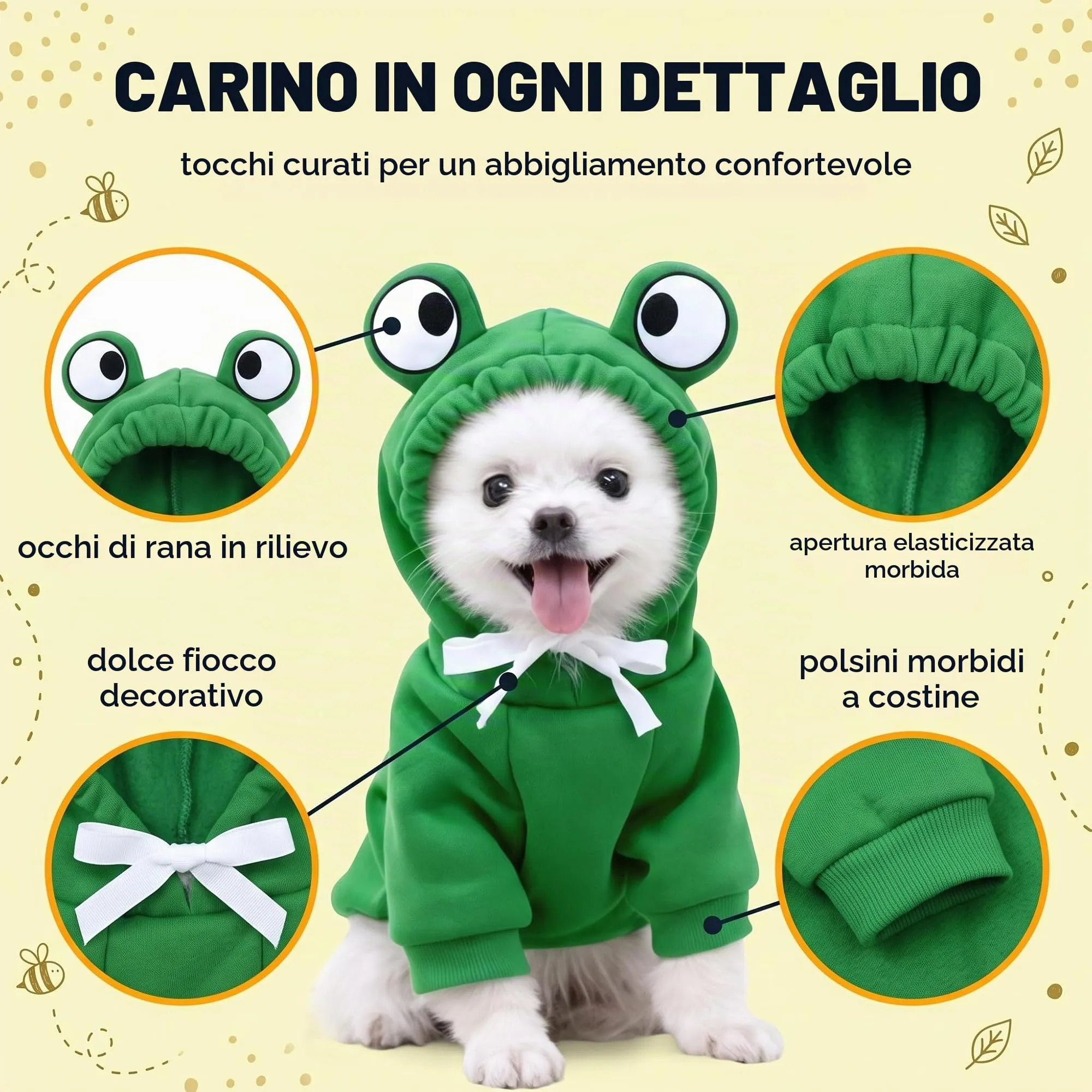 IMLDUY Felpa Cane con Cappuccio Rana, Vestiti per Cani e Gatti Taglia Media e Piccola, Costume da Rana Divertente per Cuccioli, Tuta Calda in Tessuto Morbido per Autunno Inverno, (4-7kg) - immagine 3