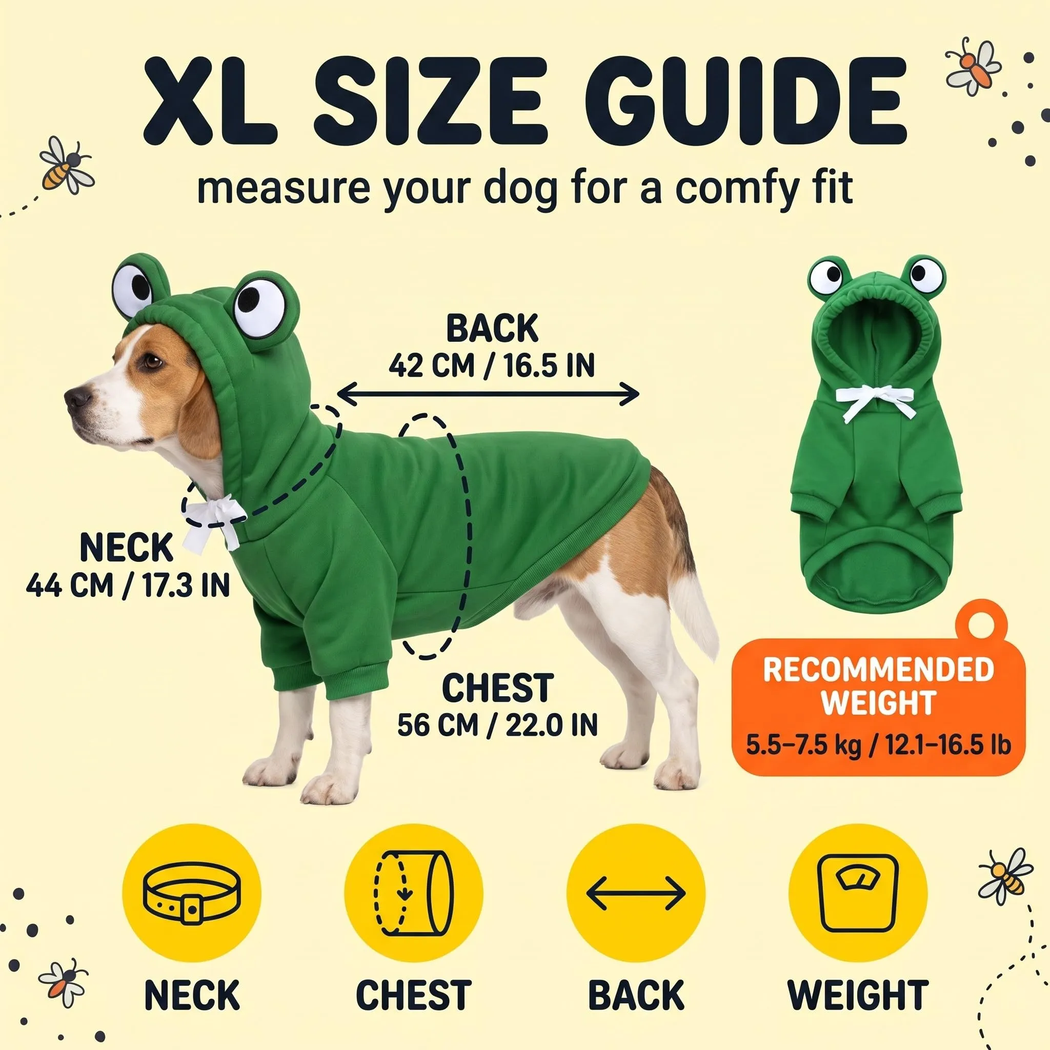 IMLDUY Felpa Cane con Cappuccio Rana, Vestiti per Cani e Gatti Taglia Media e Piccola, Costume da Rana Divertente per Cuccioli, Tuta Calda in Tessuto Morbido per Autunno Inverno, (4-7kg) - immagine 4