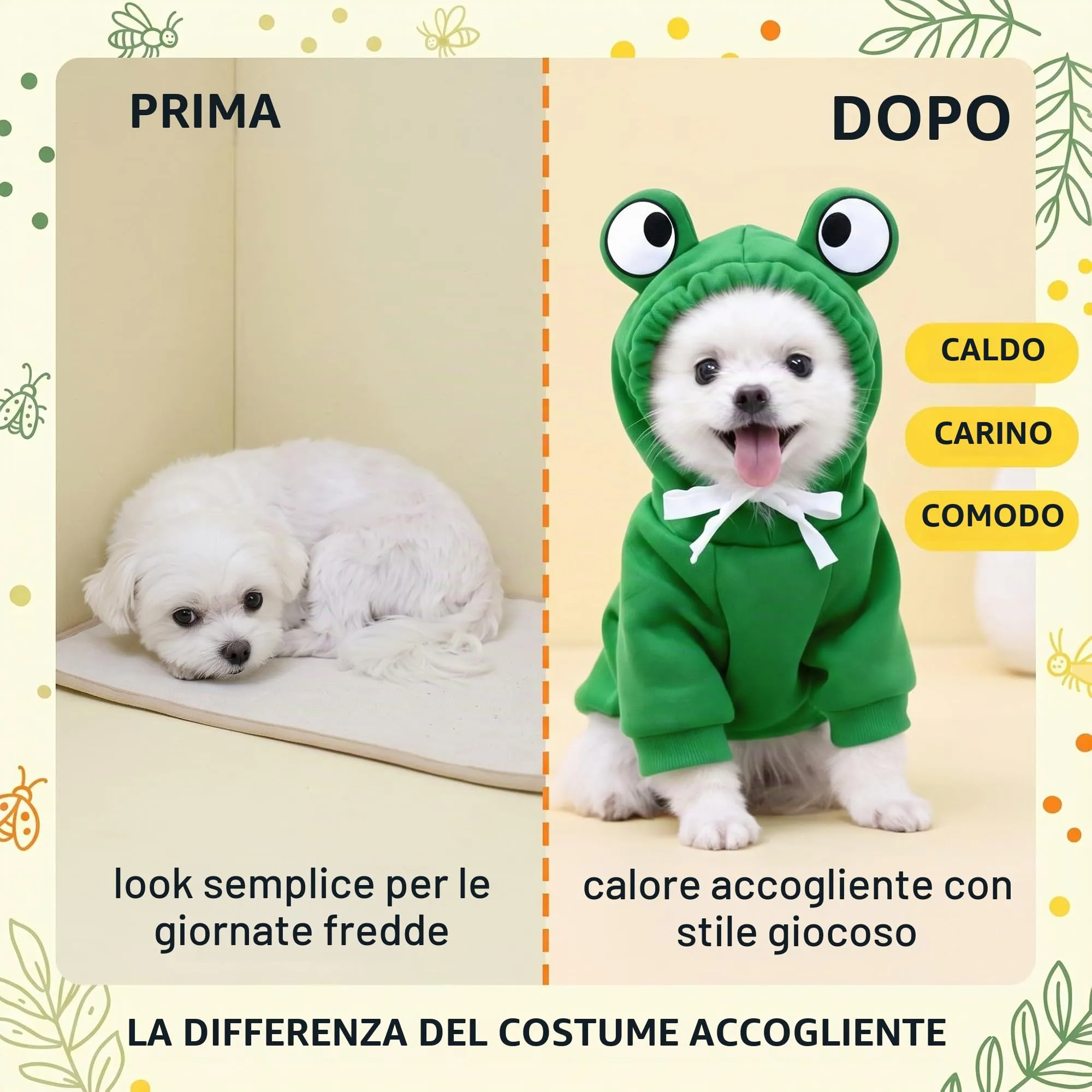IMLDUY Felpa Cane con Cappuccio Rana, Vestiti per Cani e Gatti Taglia Media e Piccola, Costume da Rana Divertente per Cuccioli, Tuta Calda in Tessuto Morbido per Autunno Inverno, (4-7kg) - immagine 6