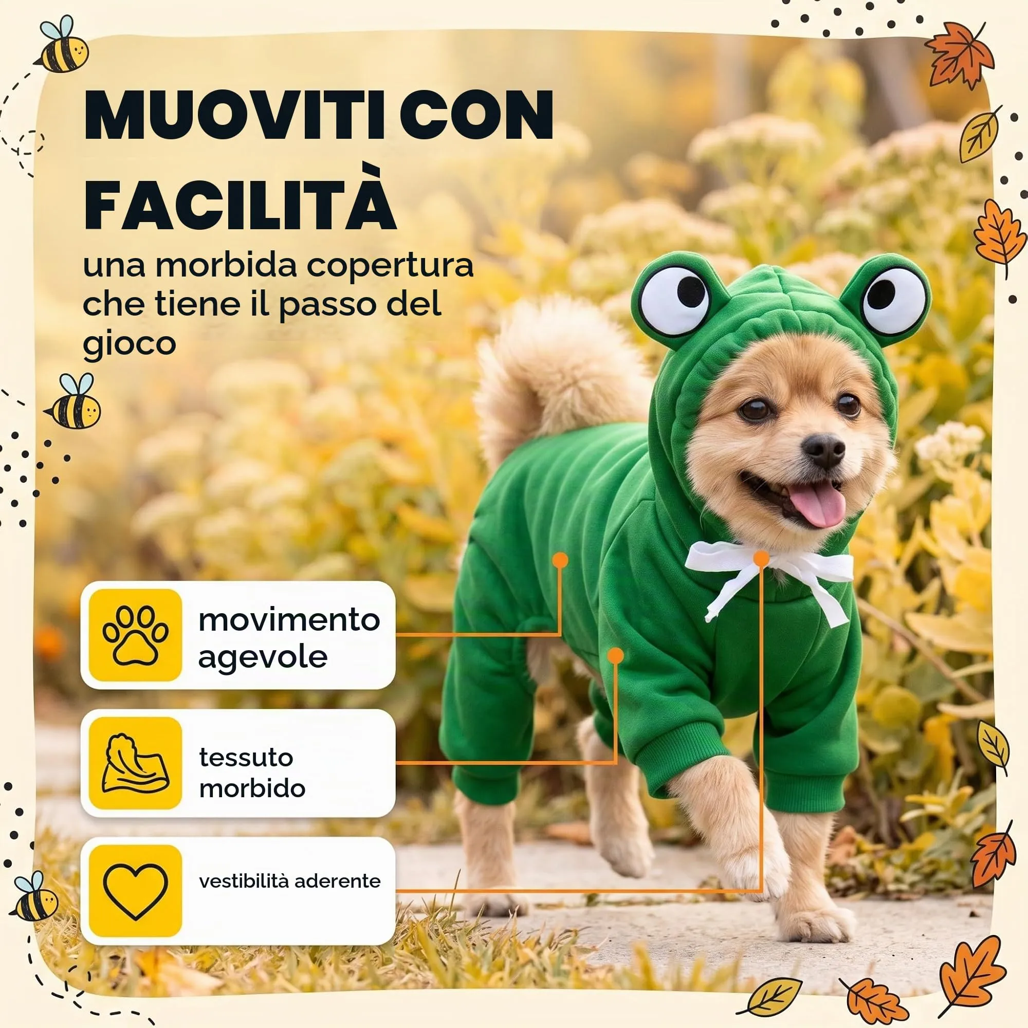 IMLDUY Felpa Cane con Cappuccio Rana, Vestiti per Cani e Gatti Taglia Media e Piccola, Costume da Rana Divertente per Cuccioli, Tuta Calda in Tessuto Morbido per Autunno Inverno, (4-7kg) - immagine 7