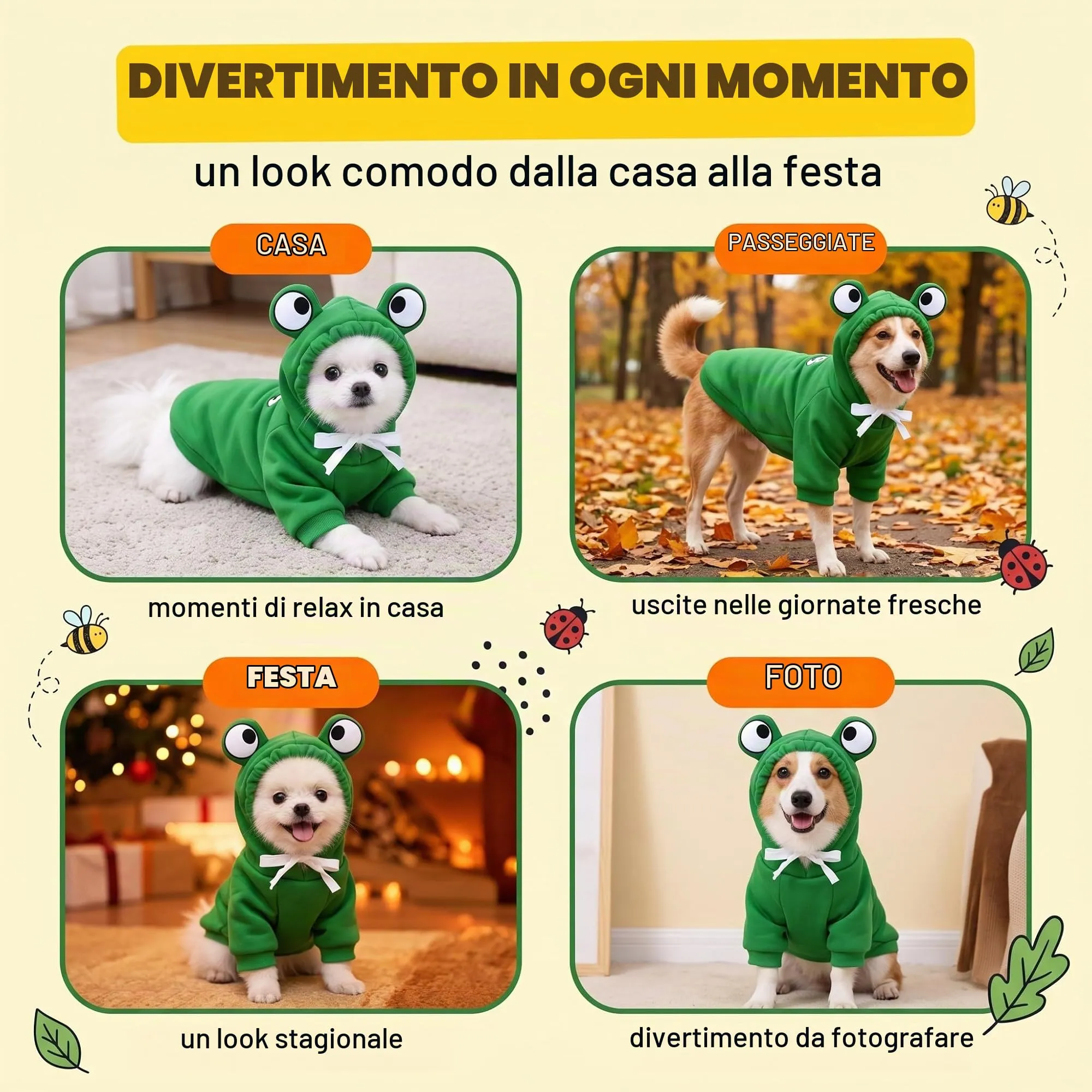 IMLDUY Felpa Cane con Cappuccio Rana, Vestiti per Cani e Gatti Taglia Media e Piccola, Costume da Rana Divertente per Cuccioli, Tuta Calda in Tessuto Morbido per Autunno Inverno, (4-7kg) - immagine 8
