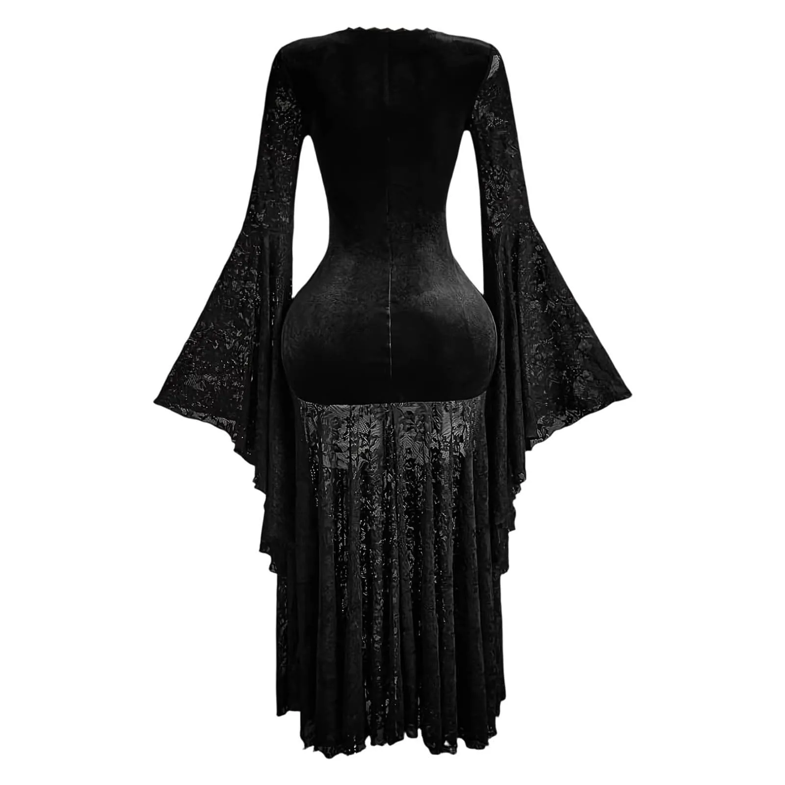 Bauzuoyo Costume da strega da donna in velluto e pizzo, nero, sexy, per feste, Halloween, bodycon, gotico, con maniche a tromba, elegante abito da sera, abito da cocktail, Nero4, M - immagine 5