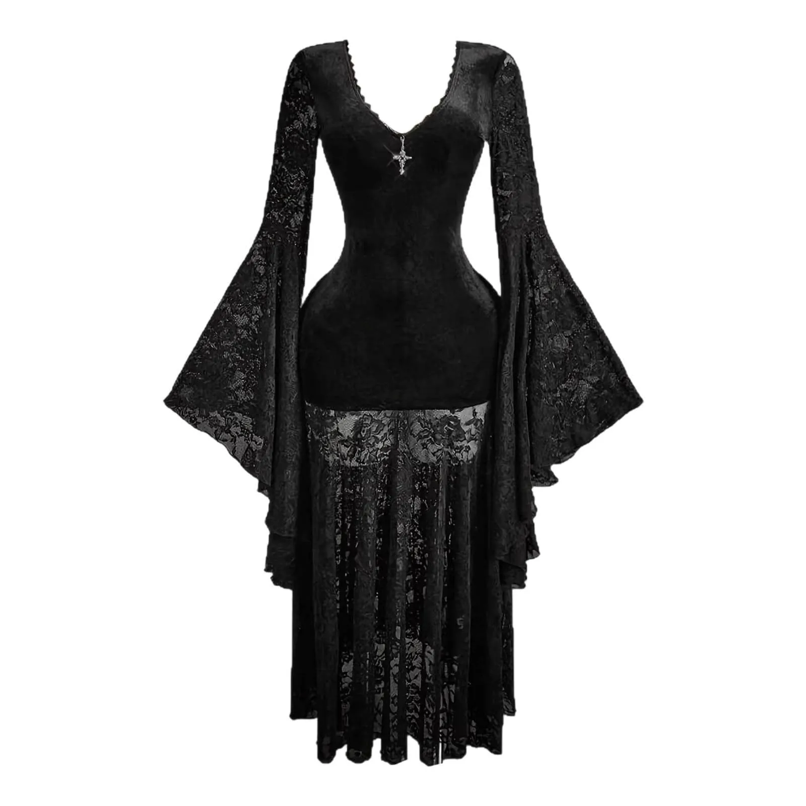 Bauzuoyo Costume da strega da donna in velluto e pizzo, nero, sexy, per feste, Halloween, bodycon, gotico, con maniche a tromba, elegante abito da sera, abito da cocktail, Nero4, M - immagine 6