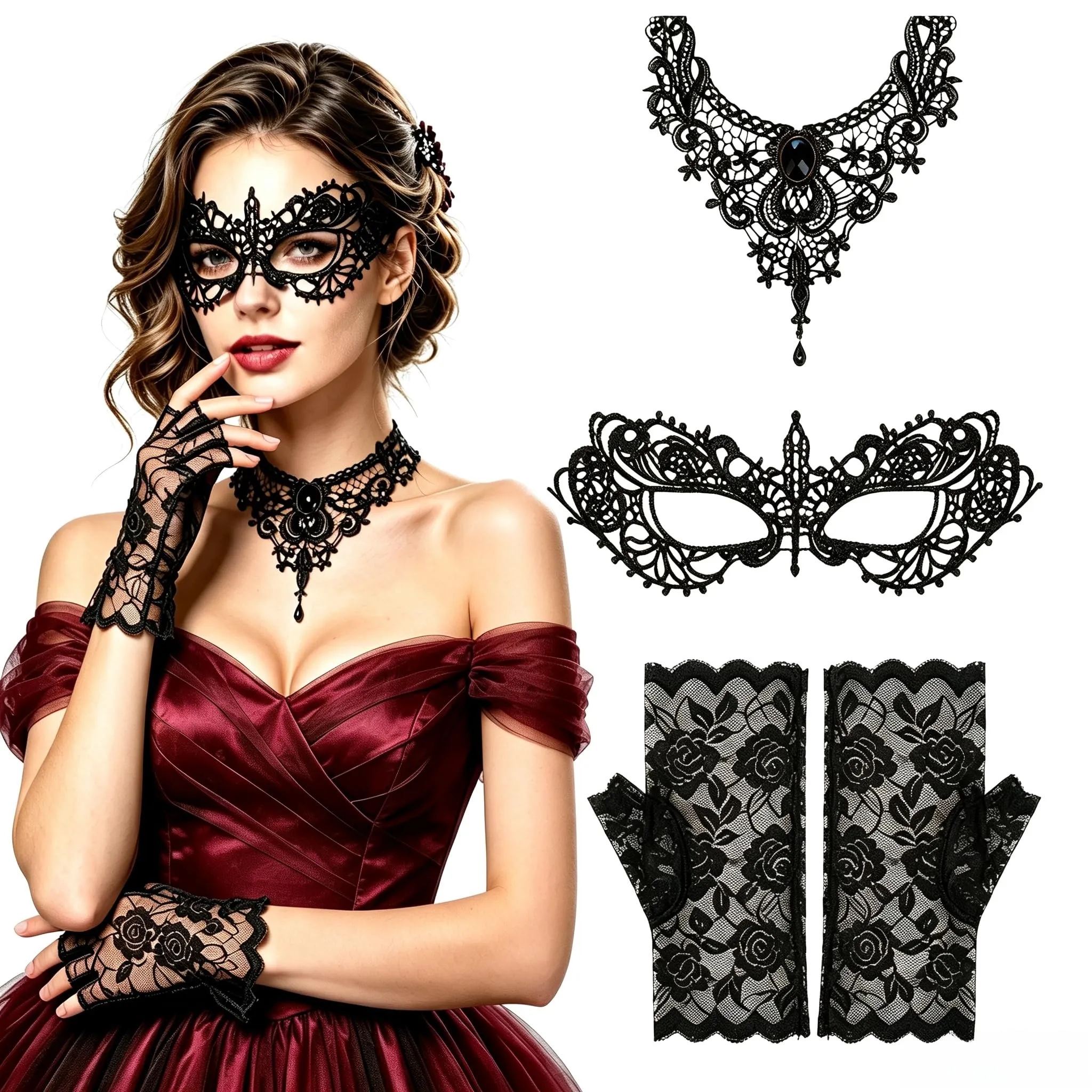 IMLDUY Set Gotico Donna 3 Pezzi con Choker Nero in Pizzo, Maschera Occhi e Guanti, Collana Gotica e Accessori per Travestimento Halloween, Cosplay, Costume da Vampiro e Feste a Tema - immagine 1