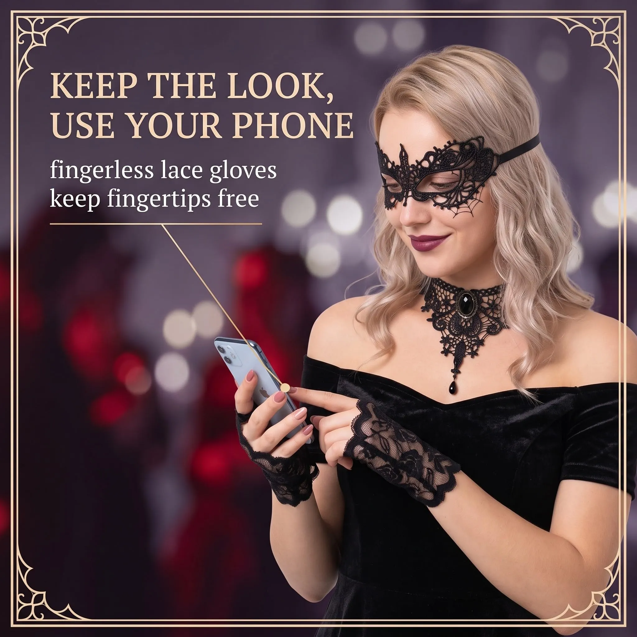 IMLDUY Set Gotico Donna 3 Pezzi con Choker Nero in Pizzo, Maschera Occhi e Guanti, Collana Gotica e Accessori per Travestimento Halloween, Cosplay, Costume da Vampiro e Feste a Tema - immagine 2