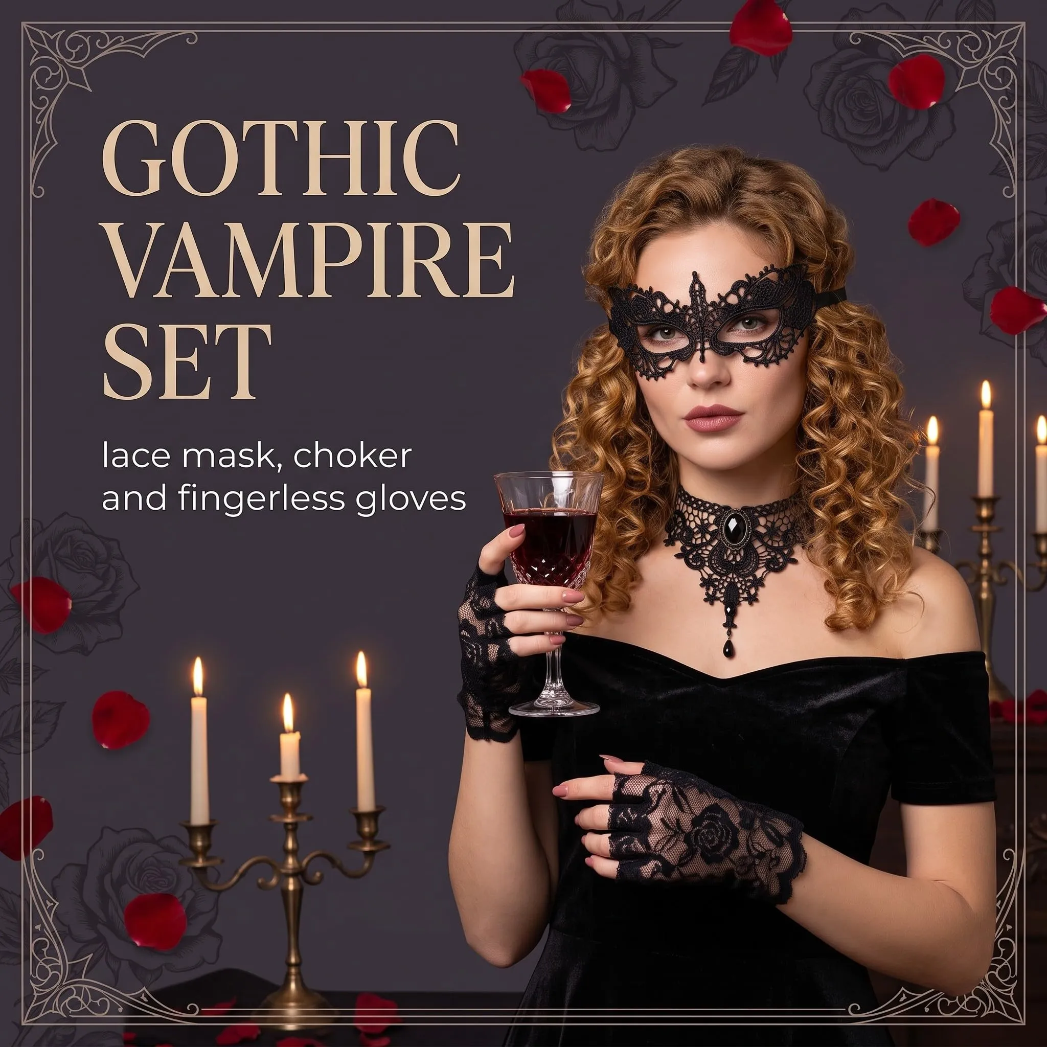 IMLDUY Set Gotico Donna 3 Pezzi con Choker Nero in Pizzo, Maschera Occhi e Guanti, Collana Gotica e Accessori per Travestimento Halloween, Cosplay, Costume da Vampiro e Feste a Tema - immagine 4