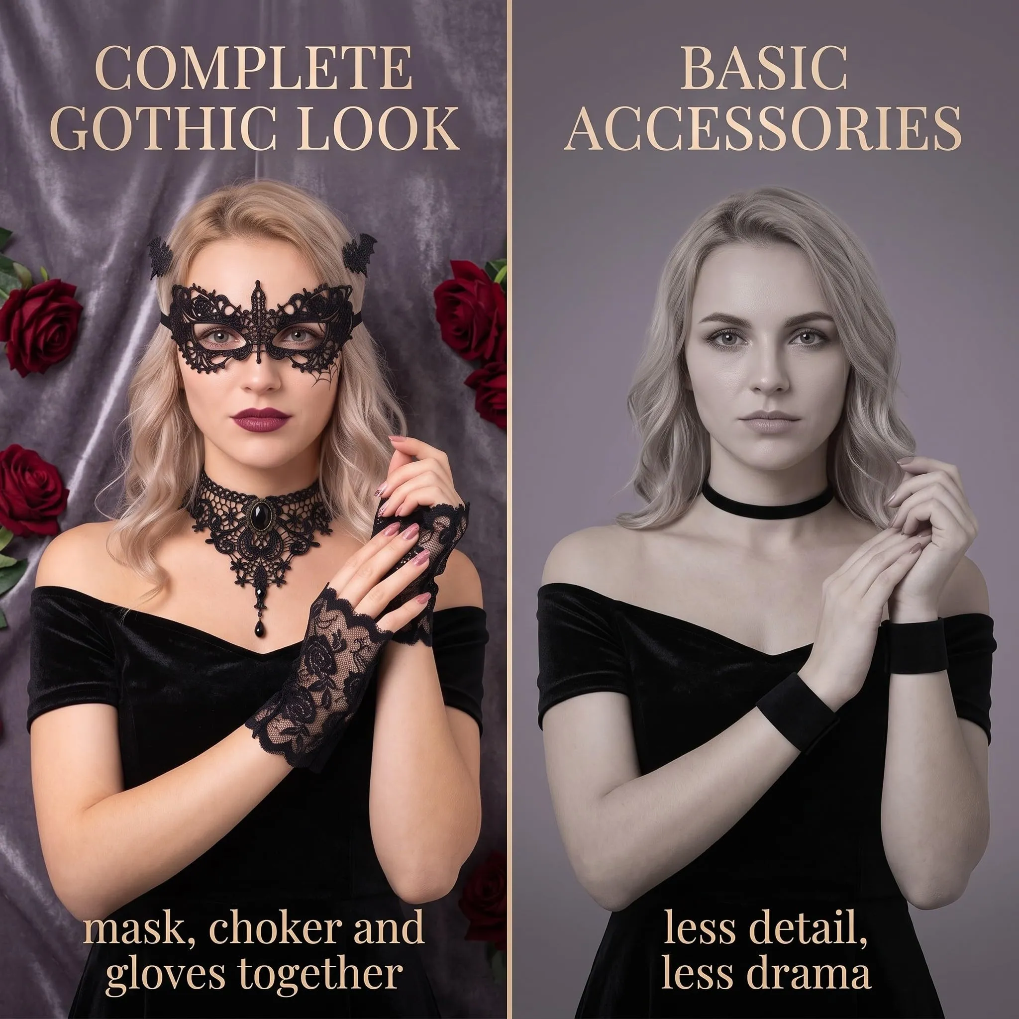 IMLDUY Set Gotico Donna 3 Pezzi con Choker Nero in Pizzo, Maschera Occhi e Guanti, Collana Gotica e Accessori per Travestimento Halloween, Cosplay, Costume da Vampiro e Feste a Tema - immagine 5